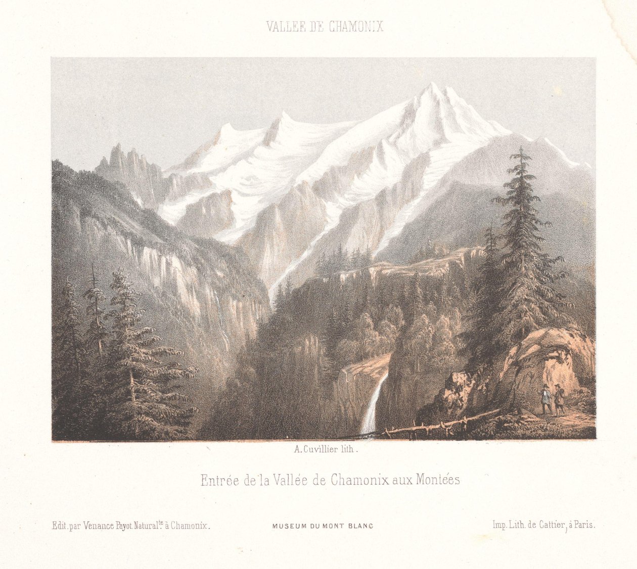Chamonix'in Mer-de-Glace buzulu ve Aiguille du Dru Chamonix, le Glacier des Bois, et le Dru (nesne üzerindeki başlık) ile birlikte görünümü Herinnering aan Chamonix-Mont-Blanc (dizi başlığı) Museum du Mont-Blanc (dizi başlığı) ) by Ad. Cuvillier