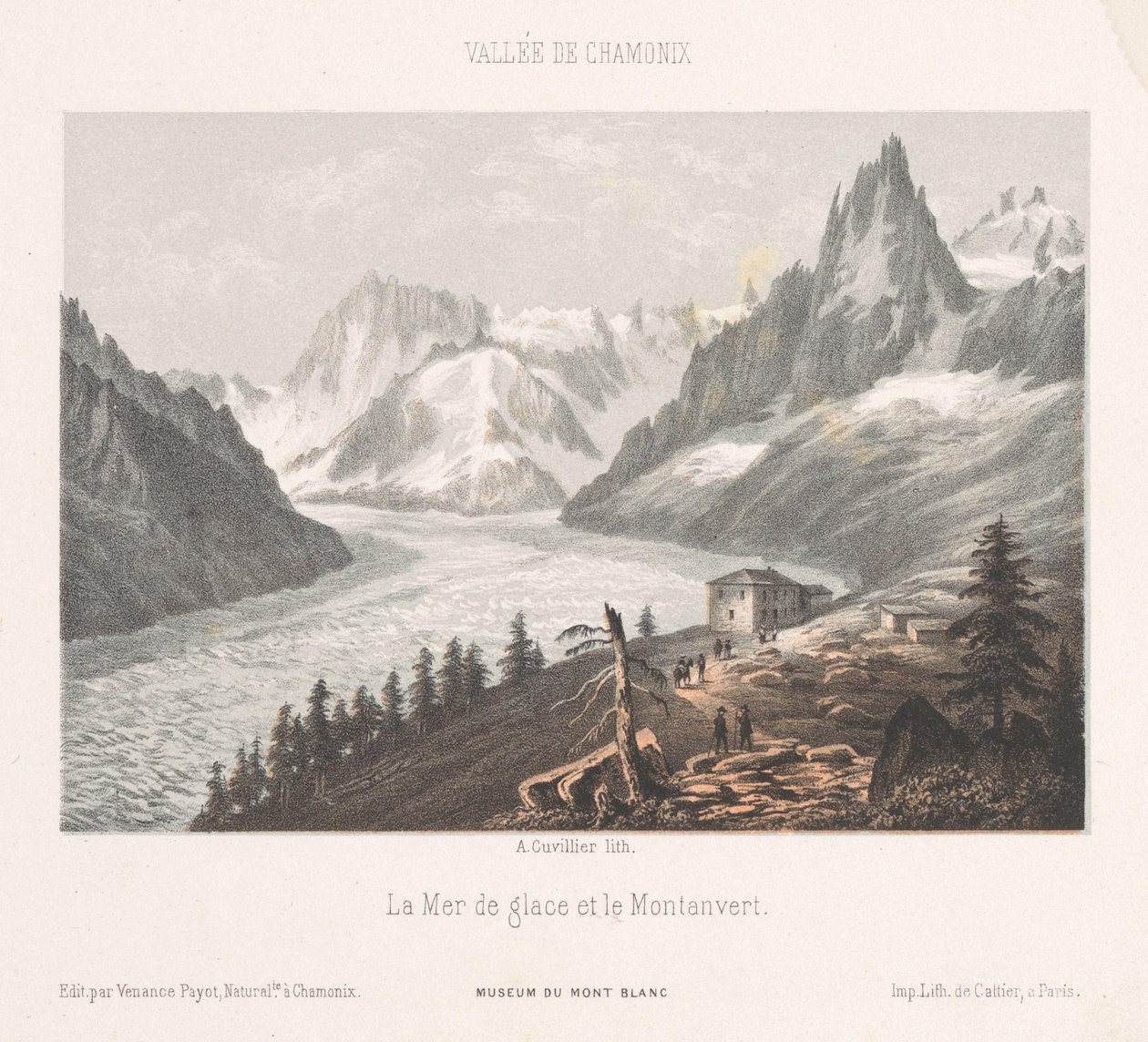 Mer-de-Glace buzulunda Le Chapeau'nun görünümü Le Chapeau (nesne üzerindeki başlık) Chamonix-Mont-Blanc'ın anısı (dizi başlığı) Museum du Mont-Blanc (nesne üzerindeki dizi başlığı) by Ad. Cuvillier