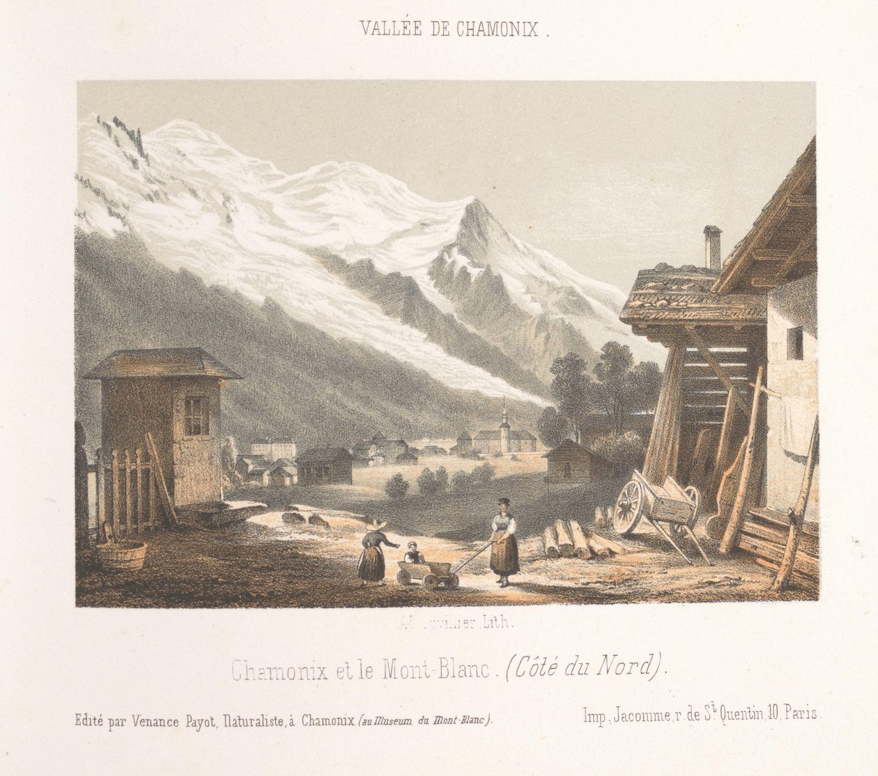 Zicht op de vallei van Chamonix vanaf de pas Les Montées Les Montées'deki Chamonix Vadisi'ne giriş (nesne üzerine başlık) Herinnering ve Chamonix-Mont-Blanc (dizi başlığı) Museum du Mont-Blanc (nesne üzerine seri başlığı) by Ad. Cuvillier