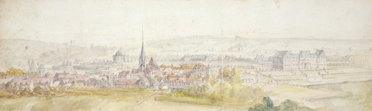 Sağda şatosu olan bir kasabanın uzaktan görünümü (kağıt üzerinde wc ve grafit) by Adam Frans van der Meulen