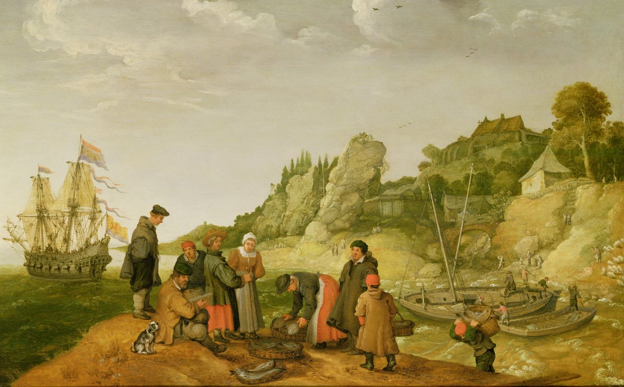 Balıkçı balıklarını kayalık bir kıyı şeridinde boşaltıyor ve satıyor. by Adam Willaerts