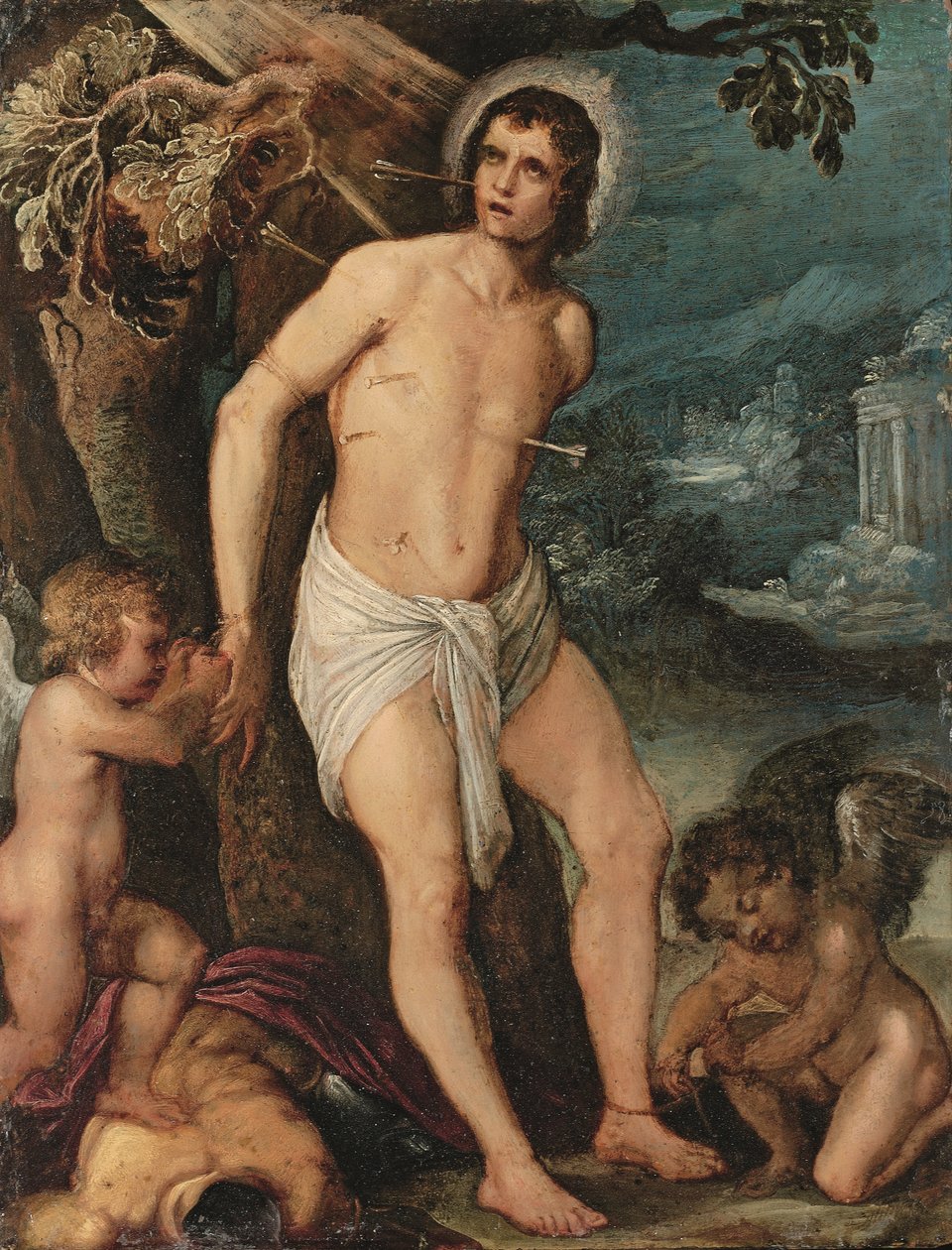 Meleklerin katıldığı Aziz Sebastian (bakır üzerine yağ) by Adam (circle of) Elsheimer