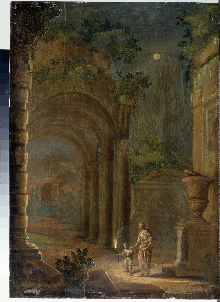 Adam Elsheimer (1578-1610) Devlet Açık Hava Müzesi Sarayı Gatchina, Sankt Petersburg, Rusya tarafından “Ay Işığında Harabelerin Manzarası” Tablosu by Adam Elsheimer
