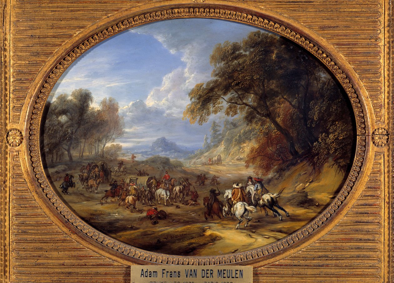 Hırsızların konvoya saldırısı Resim Adam Van der Meulen (1632-1690) (ec.flam.) Güneş 0,2x0,27 m by Adam Frans van der Meulen