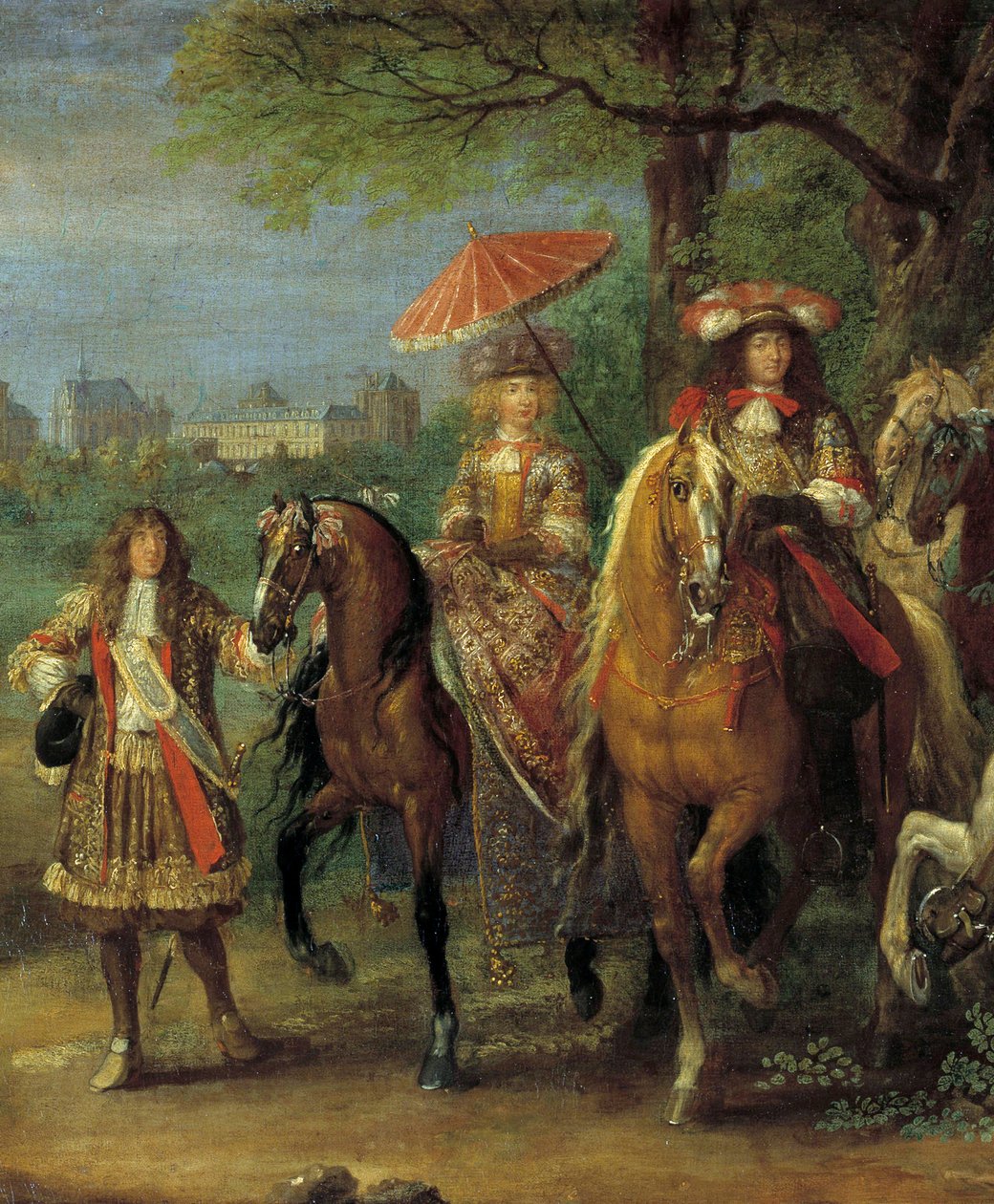 Kral Louis XIV (1638-1715) ve Avusturya Kraliçesi Marie-Therese (1638-1683) Vincennes kalesinin önünde yürürken 1669