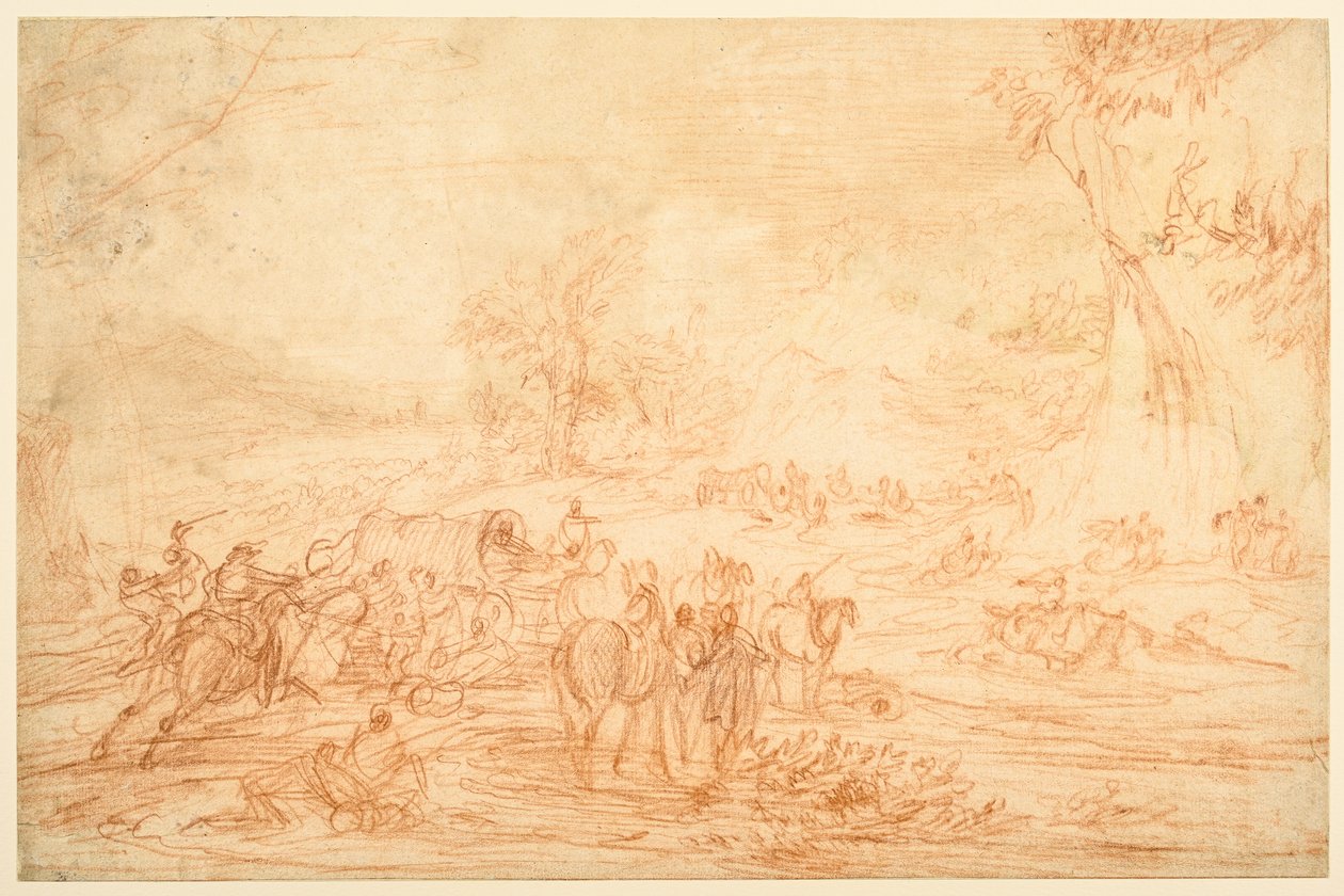 Manzara, bir otobüs konvoyuna saldırı by Adam Frans van der Meulen