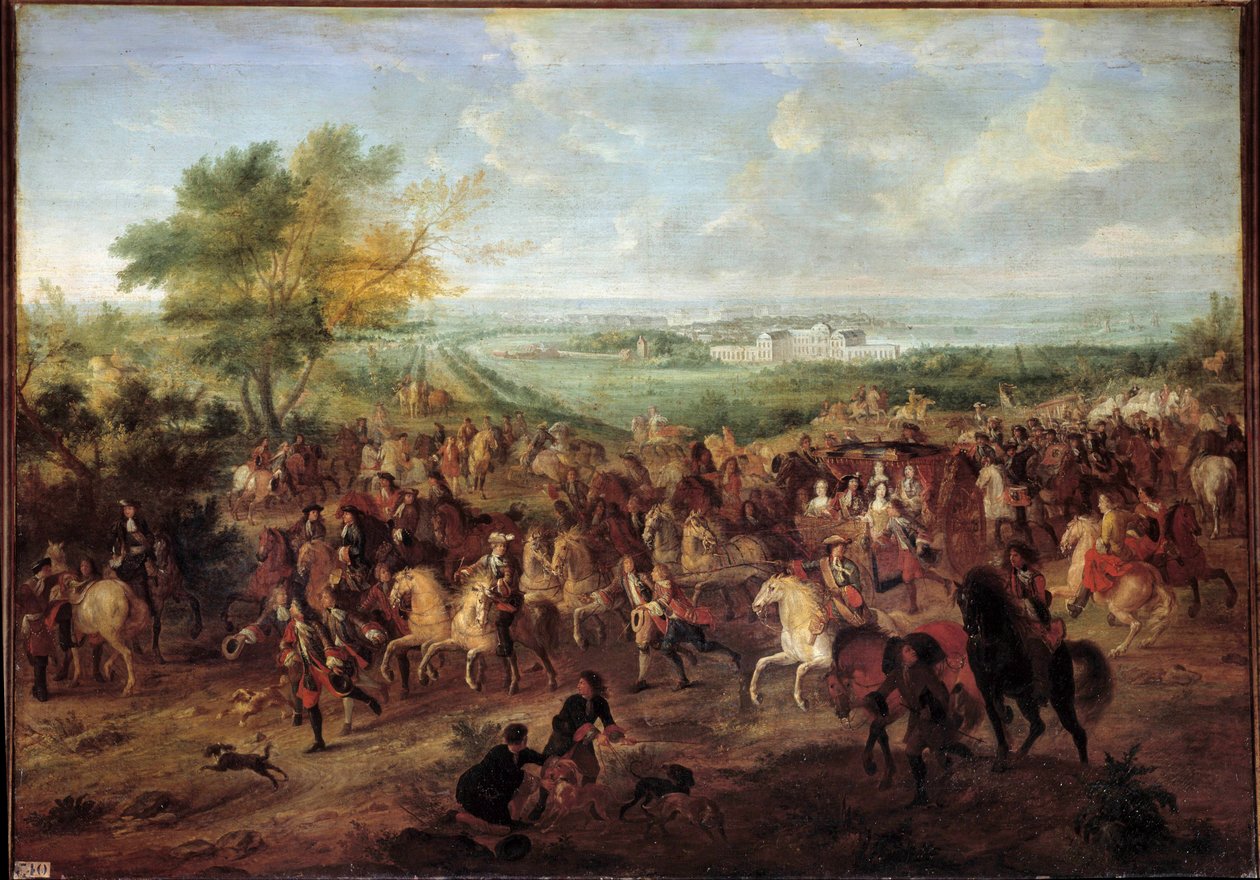 Kral Louis XIV (1638-1715), Avusturya Kraliçesi Marie Therese, Dauphin Louis ve Dauphine'nin Versay'daki Clagny kalesinin önünde arabasıyla yürüyün Resim Adam van der Meulen (1632-1690) 1680 civarında Güneş. 1,4x1,9 by Adam Frans van der Meulen