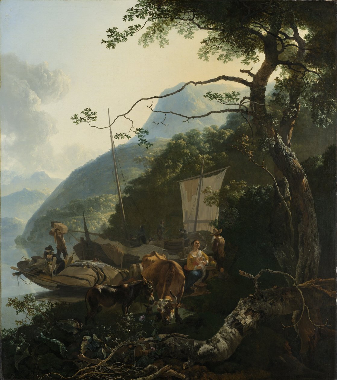 Bir İtalyan Gölünün Kıyısında Demirli Kayıkçılar, 1650-70 by Adam Pynacker