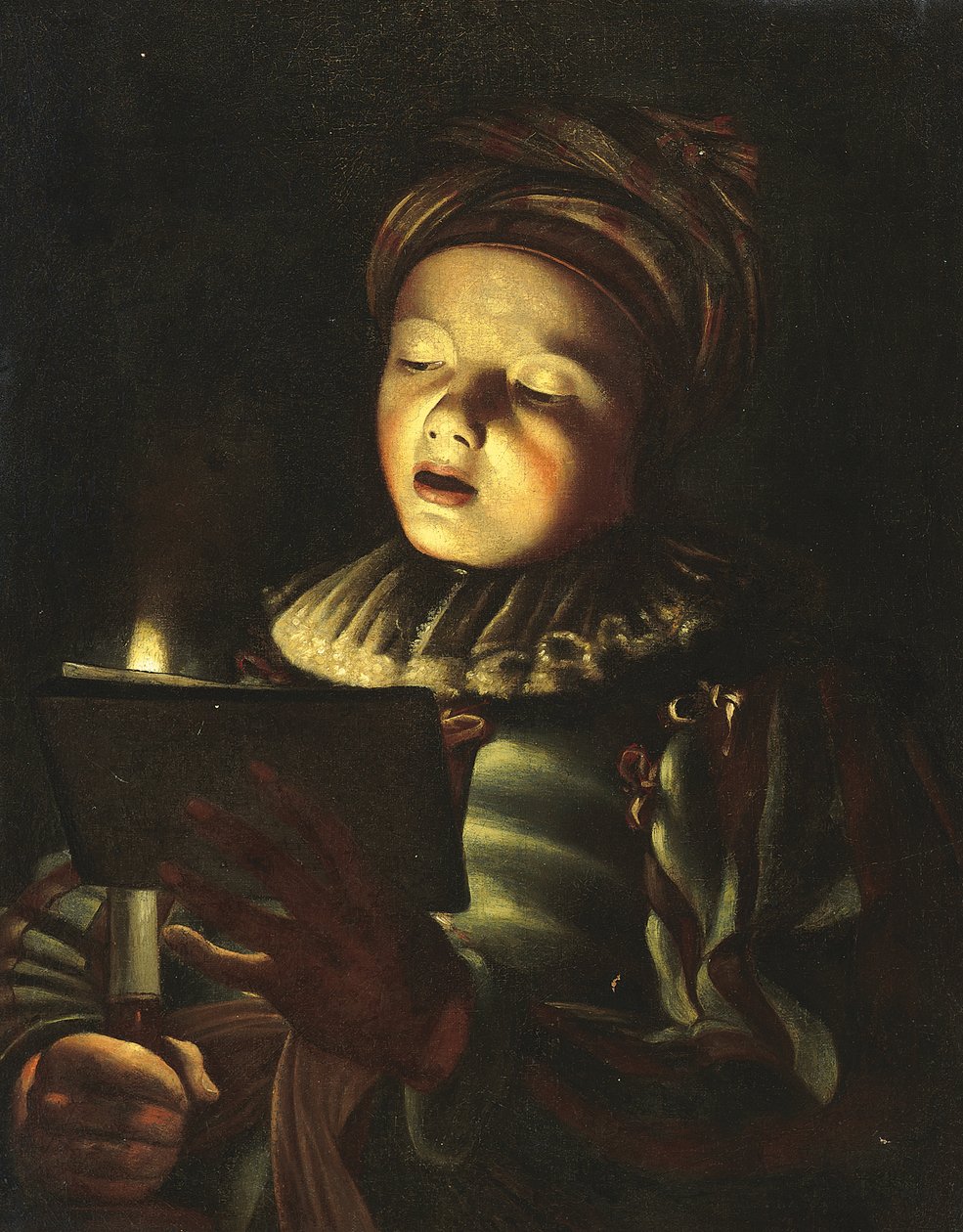 Mum ışığında şarkı söyleyen bir çocuk (tuval üzerine yağlı boya) by Adam de (circle of) Coster