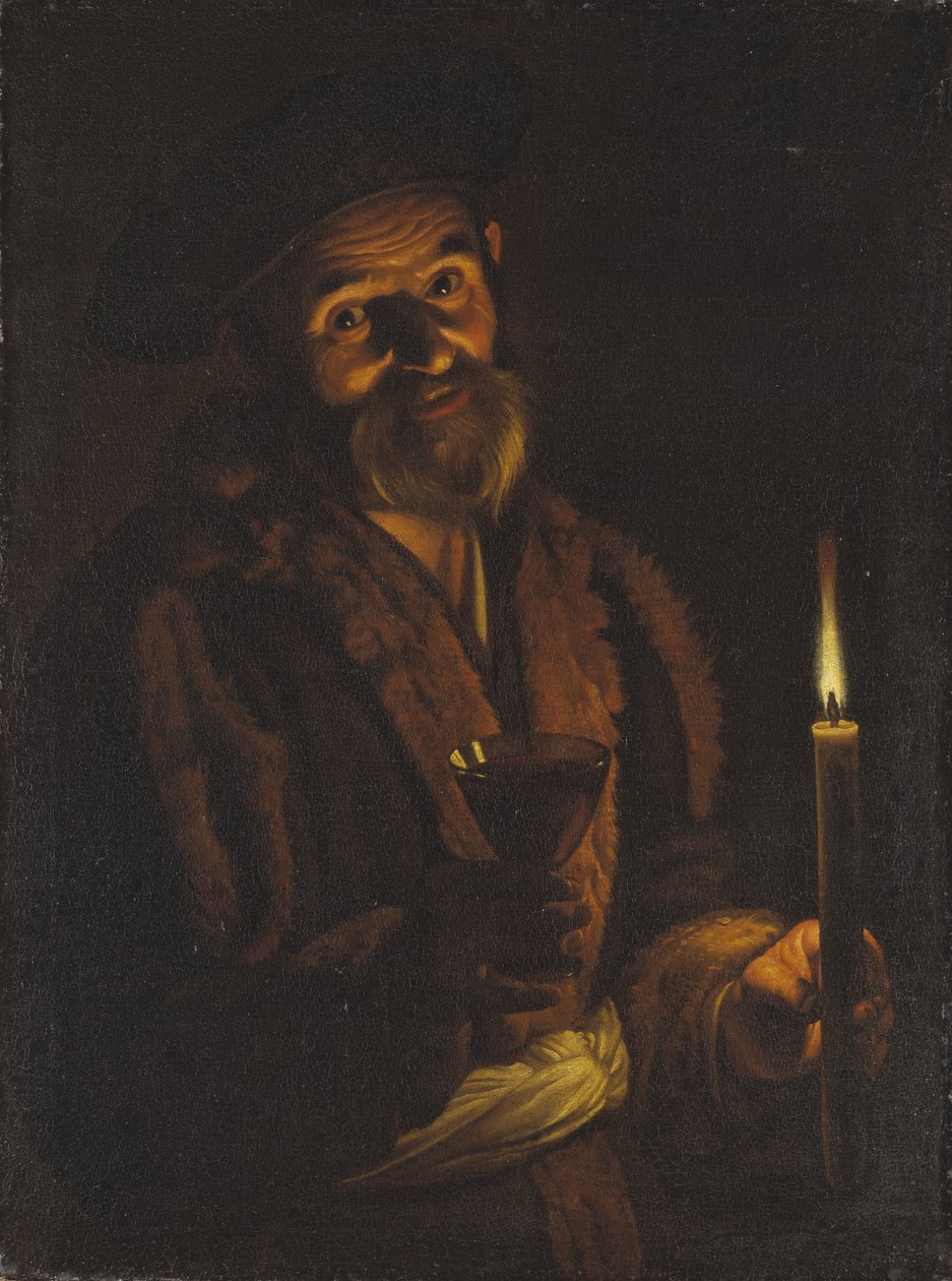 Bir mum ve bir bardak tutan yaşlı adam by Adam de Coster