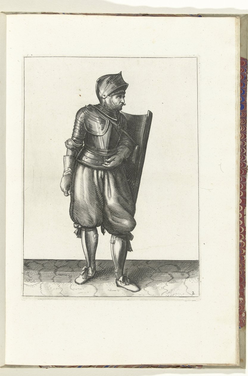 Tarçın ve meç ile yapılan egzersiz: asker tarağı arkadan sol omzunun üzerinden getirir (no. 2), 1618 Nassausche Wapen-Handelinge, van Schilt, Spies, Rappier ve Targe: beyde figuerlick betimlenmiş ve yeni düzenden sonra çerçevelenmiş (... by Adam van Breen