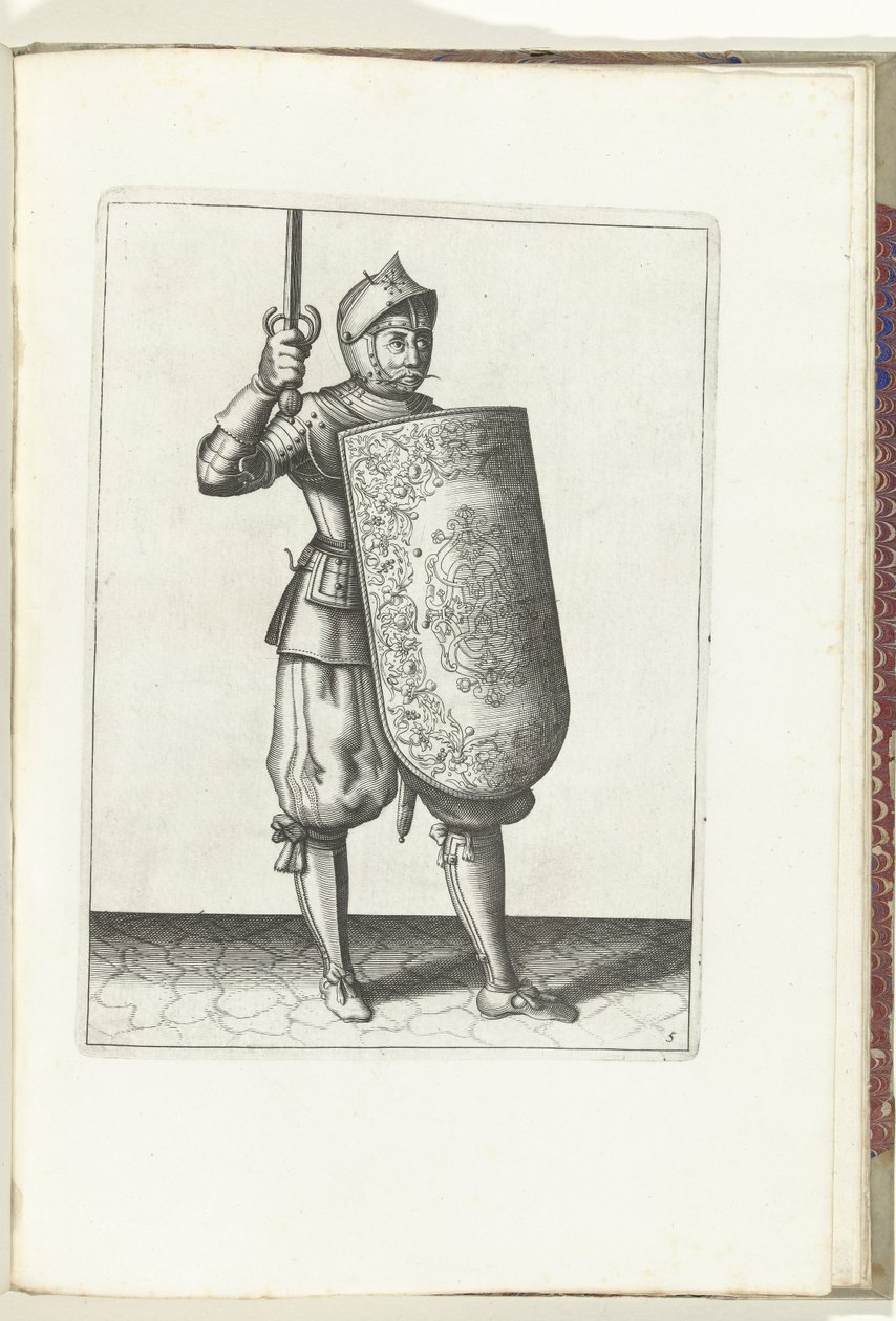 Taraklı ve meçli tatbikat: asker çizilmiş meçi yüzünün yukarısında tutmaz (no. 5), 1618 Nassausche Wapen-Handelinge, van Schilt, Spies, Rappier ve Targe: beyde figuerlick betimlenmiş, yeni düzenden sonra çerçevelenmiş by Adam van Breen