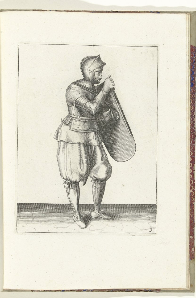 Tarçın ve meç ile egzersiz: asker tarağı sağ eliyle ve kemeri sol eliyle kavrar (no. 3), 1618 Nassausche Wapen-Handelinge, van Schilt, Spies, Rappier ve Targe : beyde figuerlick betimlenmiş ve sonrasında çerçevelenmiş by Adam van Breen