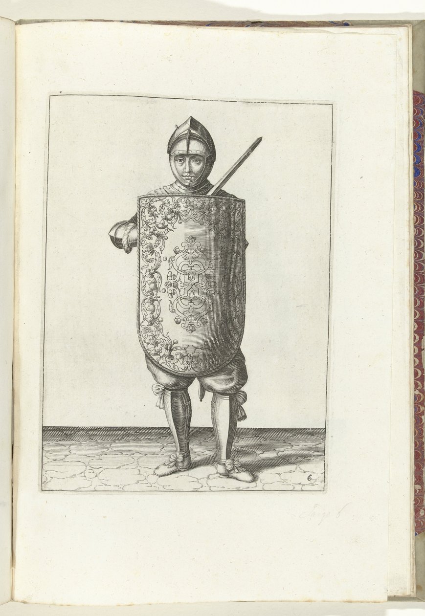 Tarçın ve meç ile egzersiz: asker tarçını göğsün önünde ve çekilen meçi sol omzuna karşı tutar (no. 6), 1618 De Nassausche Wapen-Handelinge, van Schilt, Spies, Rappier ende Targe : beyde figuerlick betimlenmiş, ende d'den sonra pozlanmış by Adam van Breen
