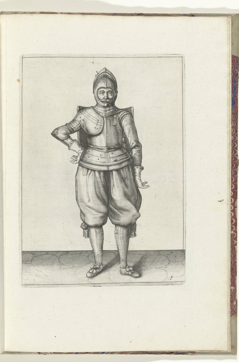 Tarçınlı ve meçli tatbikat: tarak sırtında hareketsiz duran asker (no. 1), 1618 Nassausche Wapen-Handelinge, van Schilt, Spies, Rappier ve Targe : beyde figuerlick betimlenmiş ve yeni düzenden sonra çerçevelenmiş (...) Maurits van Nassa by Adam van Breen