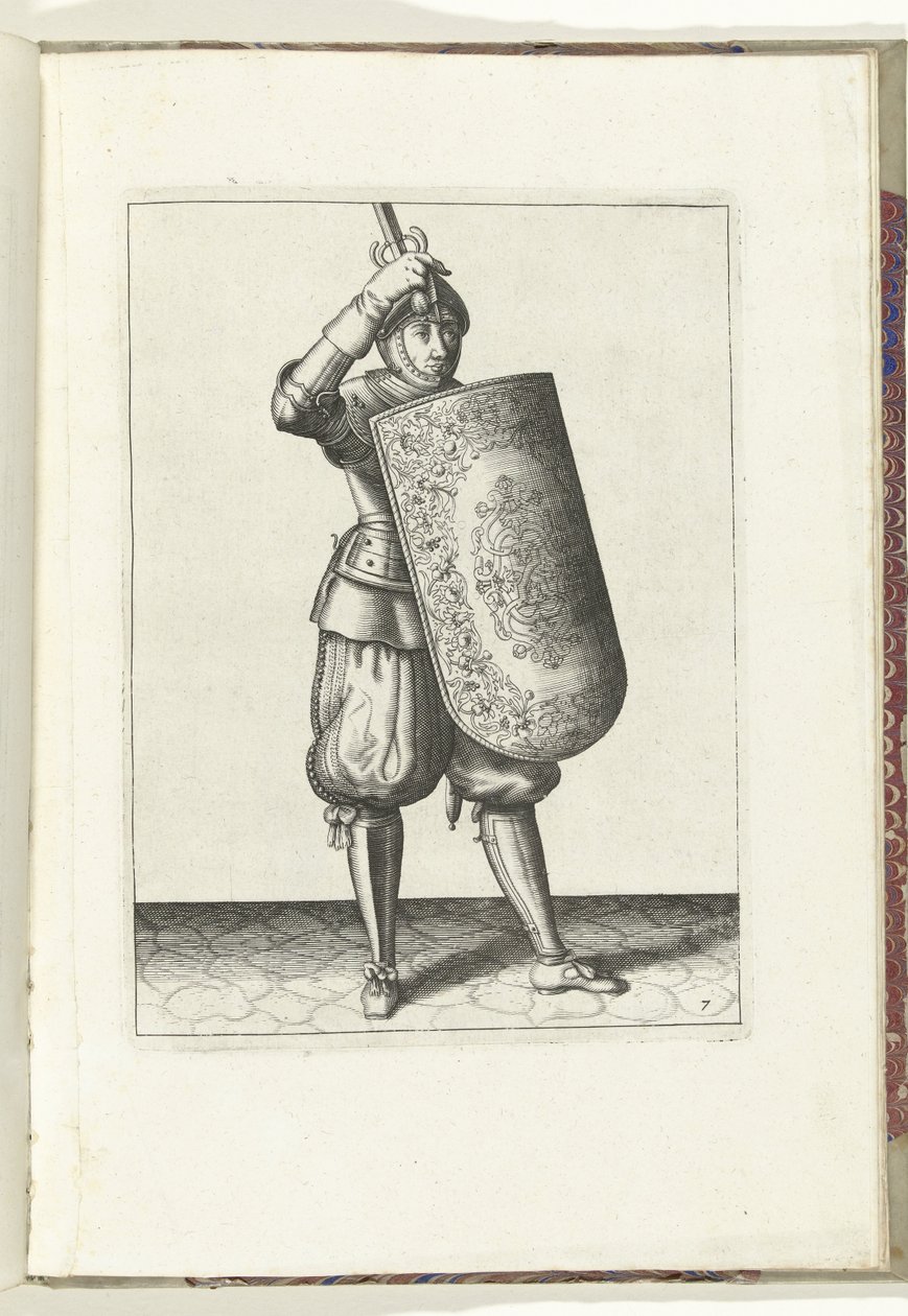 Tüfek ve meç ile tatbikat: askerin tarak ve elinde çekilmiş meç ile miğferinin vizörünü nasıl kapatması gerektiği (no. 7), 1618 Nassausche Wapen-Handelinge, van Schilt, Spies, Rappier ve Targe: beyde figuerlick betimlenmiş ve by Adam van Breen