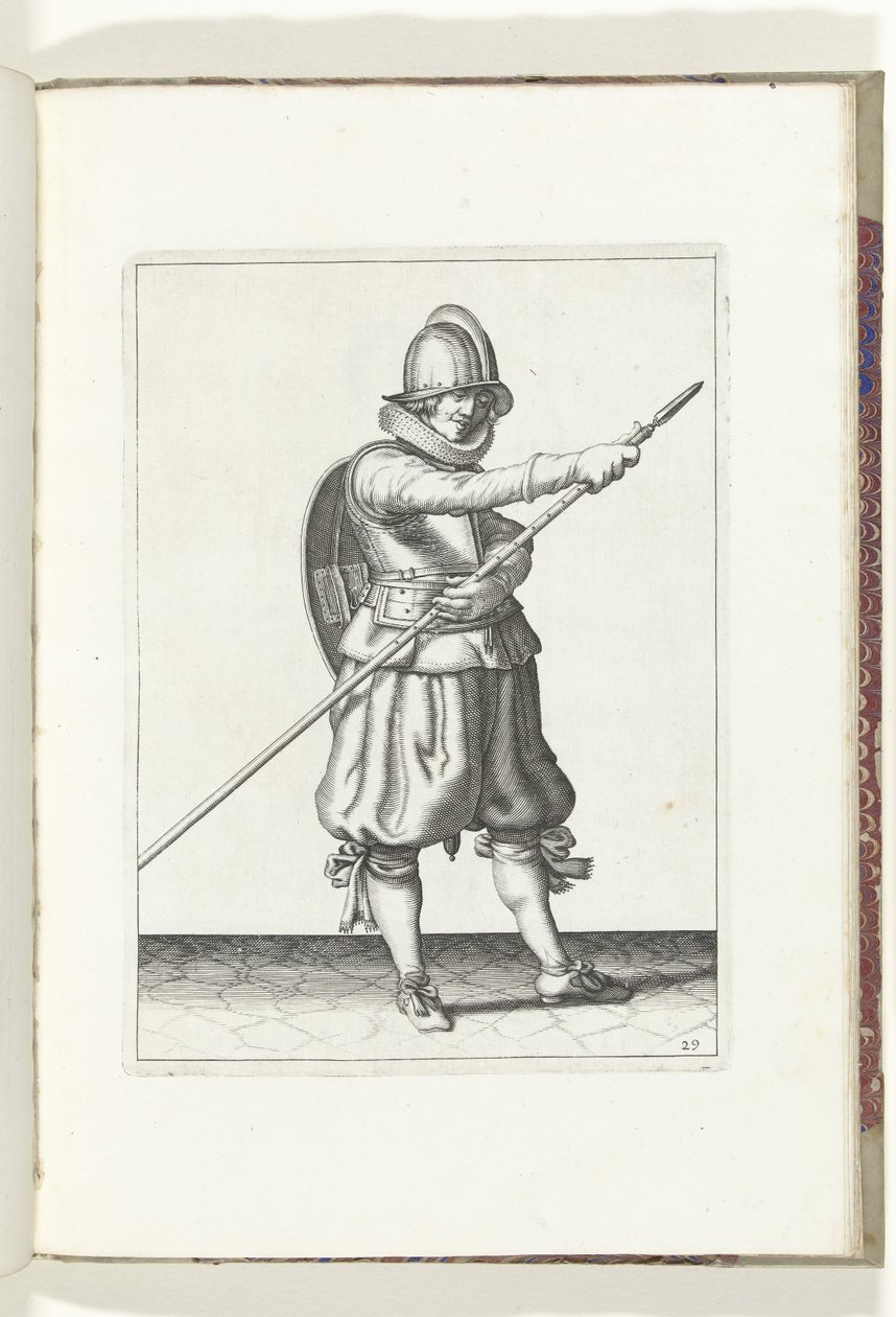 Kalkan ve Diken Egzersizi: Asker Dikeni İki Eliyle Yerine Getiriyor (No. 29), 1618 Nassausche Wapen-Handelinge, van Schilt, Spies, Rappier ve Targe : beyde figuerlick betimlenmiş ve yeni düzenden sonra çerçevelenmiş (...) Ma by Adam van Breen