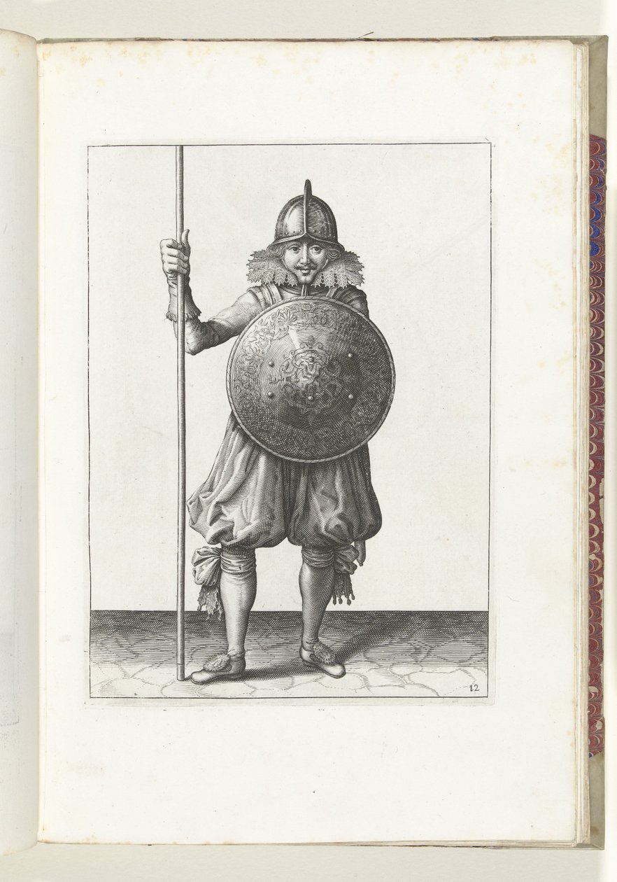 Kalkan ve mızraklı egzersiz: asker mızrağı üç kez dinlenme pozisyonuna döndürür, üçüncü hareket (no. 12), 1618 Nassausche Wapen-Handelinge, van Schilt, Spies, Rappier ve Targe : beyde figuerlick betimlenmiş ve sonrasında çerçevelenmiş by Adam van Breen