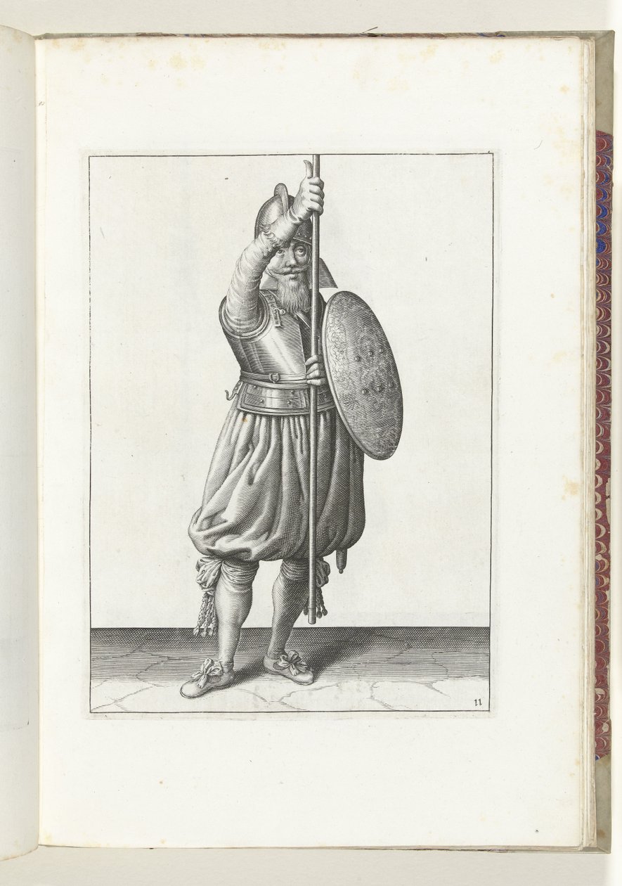 Kalkan ve mızraklı egzersiz: asker, mızrağı üç kez dinlenme pozisyonuna döndürür, ikinci hareket (no. 11), 1618 Nassausche Wapen-Handelinge, van Schilt, Spies, Rappier ve Targe : beyde figuerlick betimlenmiş ve sonrasında çerçevelenmiş by Adam van Breen