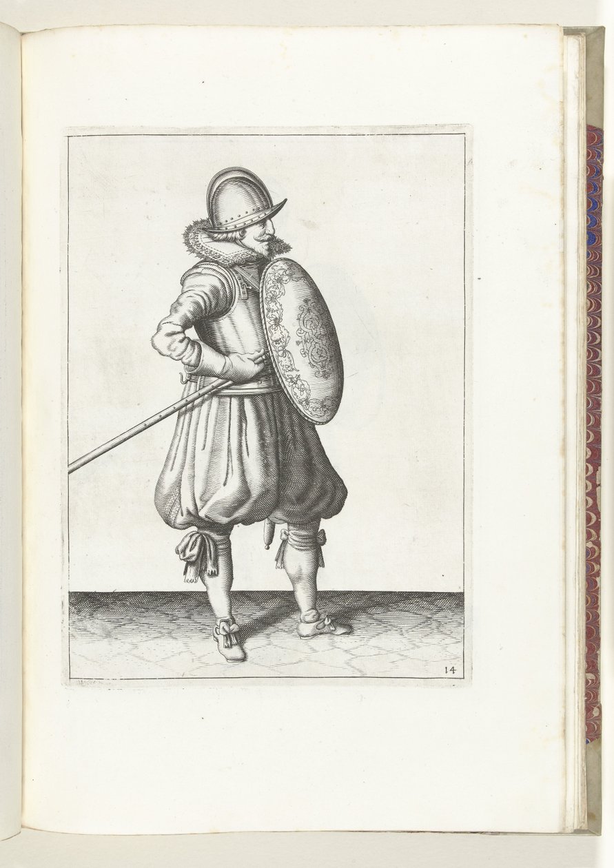 Kalkan ve Diken Alıştırması: Asker Dikeni İki Kez Sürükleme Konumuna Getirir, İkinci Hareket (No. 14), 1618 Nassausche Wapen-Handelinge, van Schilt, Spies, Rappier ve Targe : beyde figuerlick betimlenmiş, yeniden sonra çerçevelenmiş by Adam van Breen