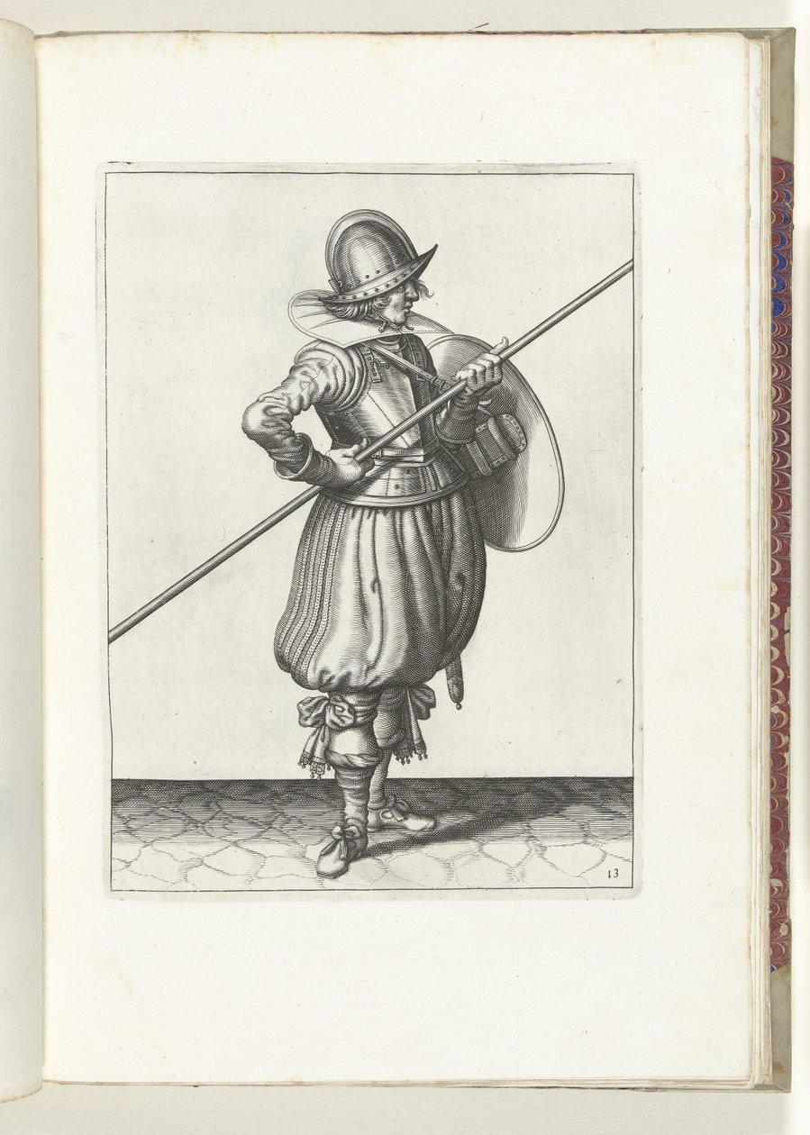 Kalkan ve Diken Alıştırması: Asker Dikeni İki Kez Sürükleme Konumuna Getirir, Birinci Hareket (No. 13), 1618 Nassausche Wapen-Handelinge, van Schilt, Spies, Rappier ve Targe : beyde figuerlick betimlenmiş, yeniden sonra çerçevelenmiş by Adam van Breen