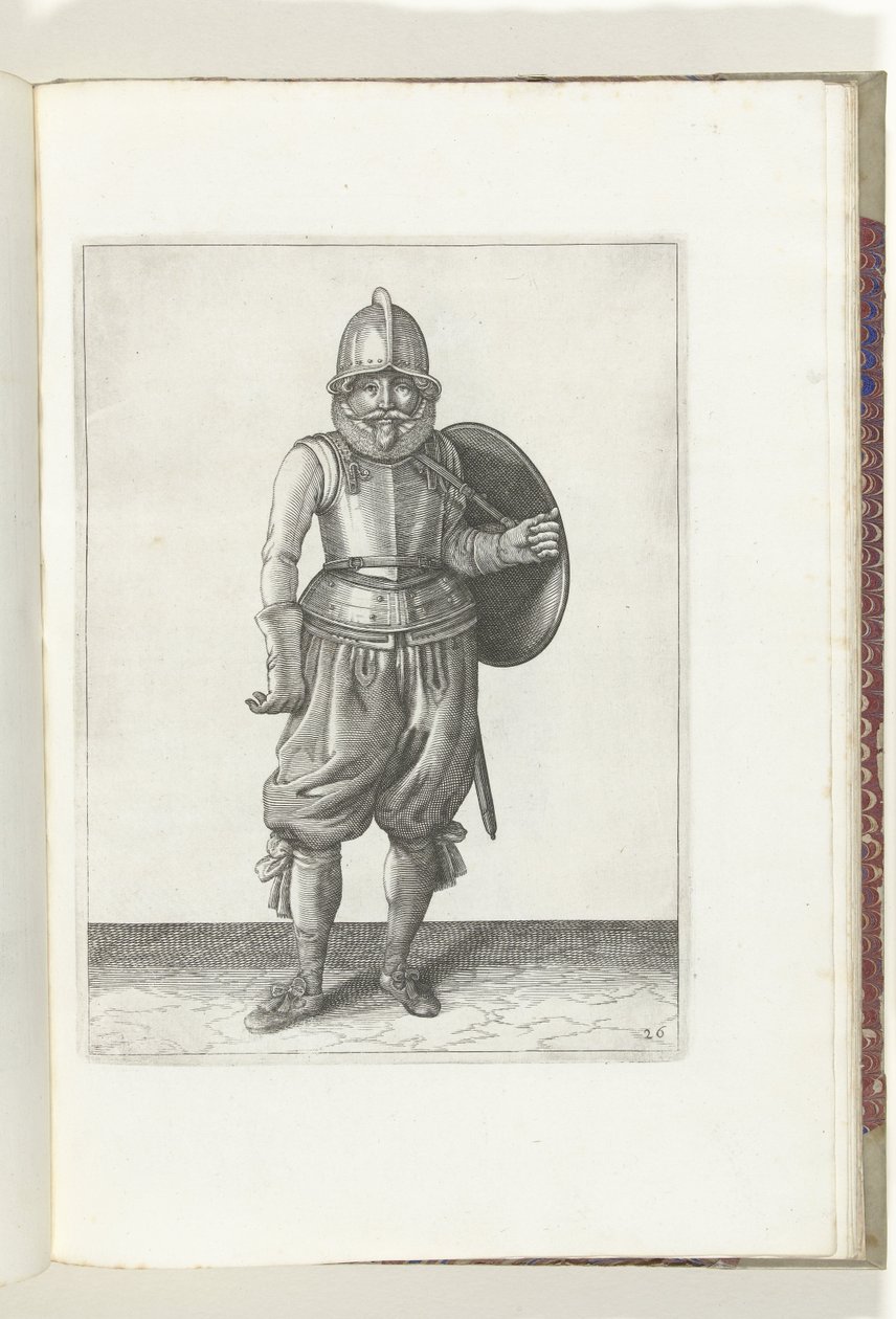 Kalkan ve mızraklı egzersiz: asker sol koluyla kalkanı sırtına koyar (no. 26), 1618 De Nassausche Wapen-Handelinge, van Schilt, Spies, Rappier ende Targe : beyde figuerlick tasvir edilmiş, ende çerçevelenmiş yeni düzenleme [of] (.. by Adam van Breen