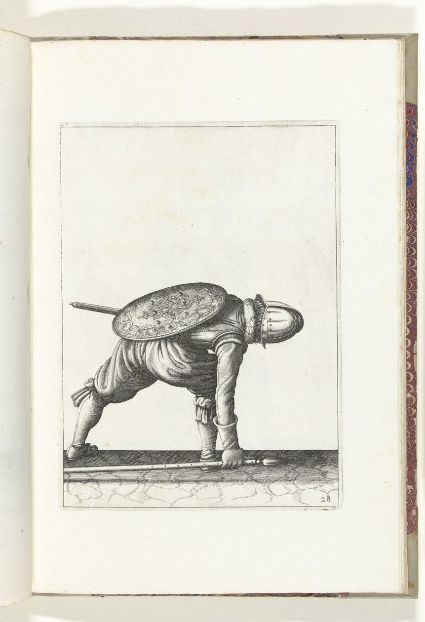 Kalkan ve Diken Egzersizi: Asker Dikeni Almak için Aşağı Eğilir (No. 28), 1618 Nassausche Wapen-Handelinge, van Schilt, Spies, Rappier ve Targe : beyde figuerlick tasvir edilmiş ve yeni düzenden sonra çerçevelenmiş (...) Maurits van Nassau (t by Adam van Breen