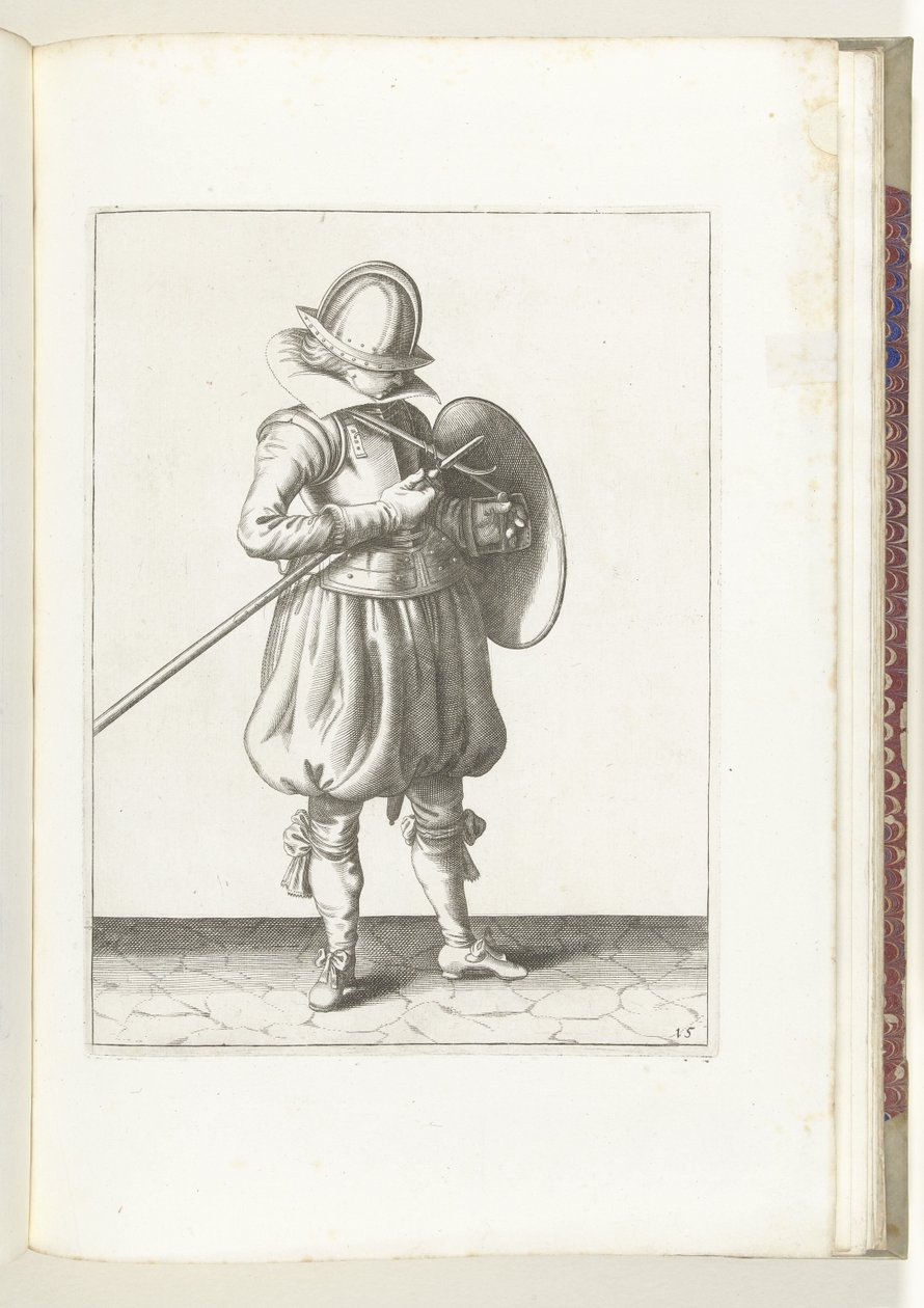Kalkan ve Diken Egzersizi: Asker Diken ve Kalkanı Vücuda Yakın Tutar (No. 15), 1618 Nassausche Wapen-Handelinge, van Schilt, Spies, Rappier ve Targe : beyde figuerlick betimlenmiş ve yeni düzenden sonra çerçevelenmiş (...) Maurit by Adam van Breen