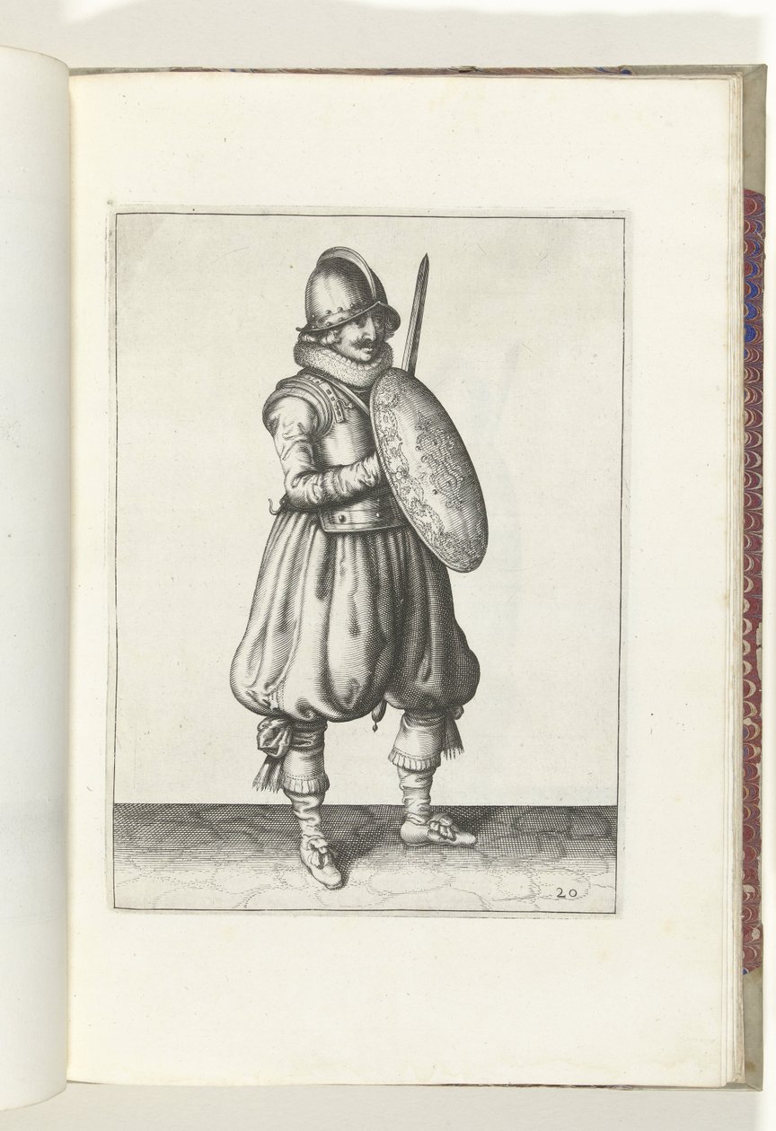 Kalkan ve Diken Egzersizi: Meçi ve Kalkanı Göğsünün Önünde Dikkat Çeken Asker (No. 20), 1618 De Nassausche Wapen-Handelinge, van Schilt, Spies, Rappier and the Targe : beyde figuerlick betimlenmiş, ende yeni düzenden sonra çerçevelenmiş (. by Adam van Breen