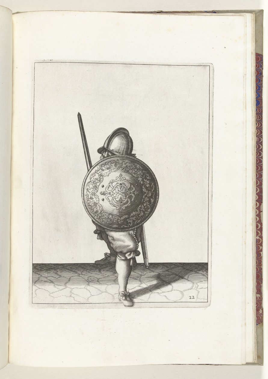 Kalkan ve Diken Egzersizi: Savunma Pozisyonunda Bir Ayağı Önde, Meç ve Kalkanı Dizde Vücudunun Önünde, Önden Görünüş (No. 22), 1618 Schilt, Spies, Rappier ve Targ