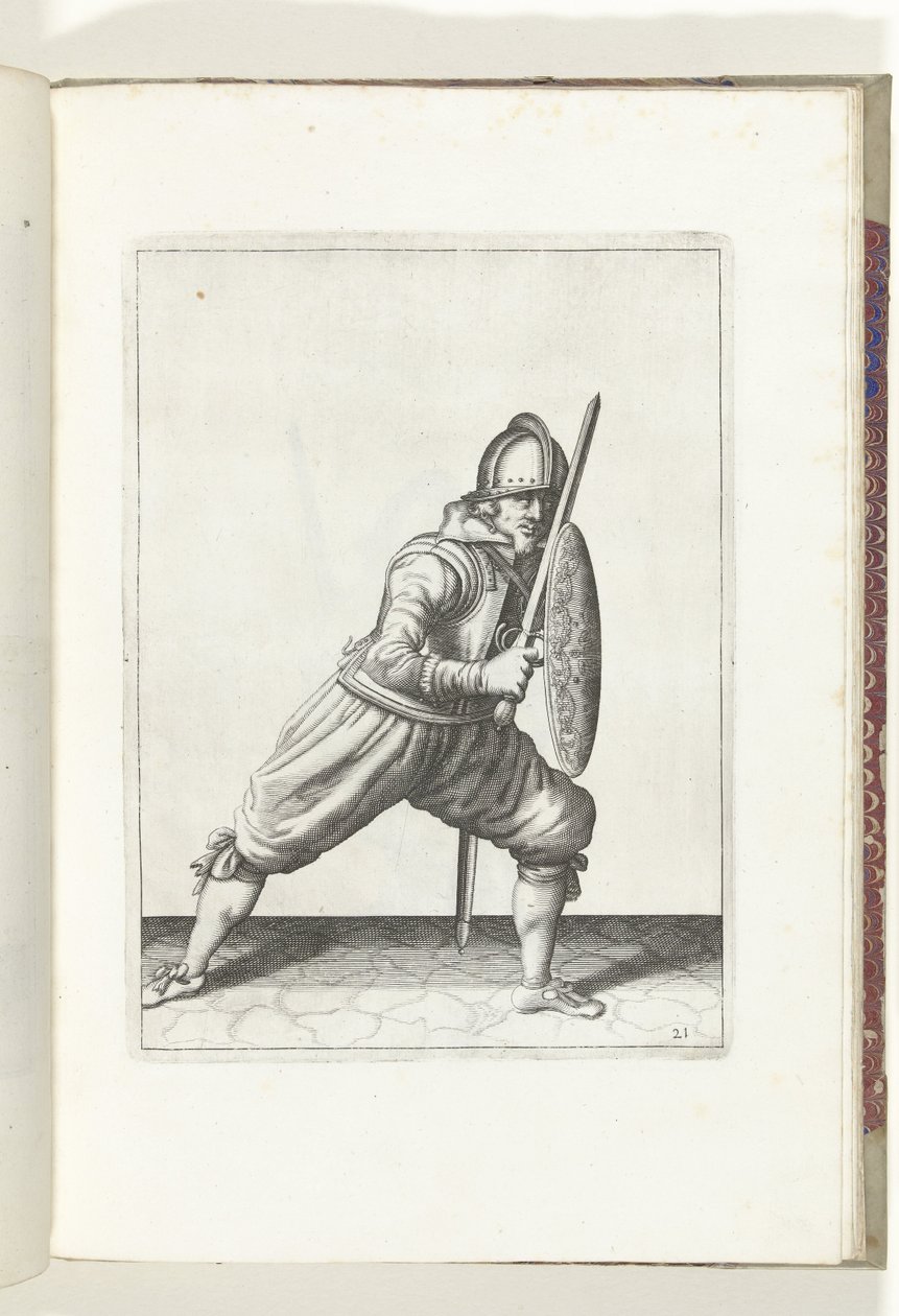 Kalkan ve Diken Egzersizi: Bir Ayağı Önde ve Meçisi ve Kalkanı Vücudun Önünde Dizde Olduğu Savunma Pozisyonunda Asker (no. 21), 1618 De Nassausche Wapen-Handelinge, van Schilt, Spies, Rappier ende Hedef : beyde figürlü by Adam van Breen