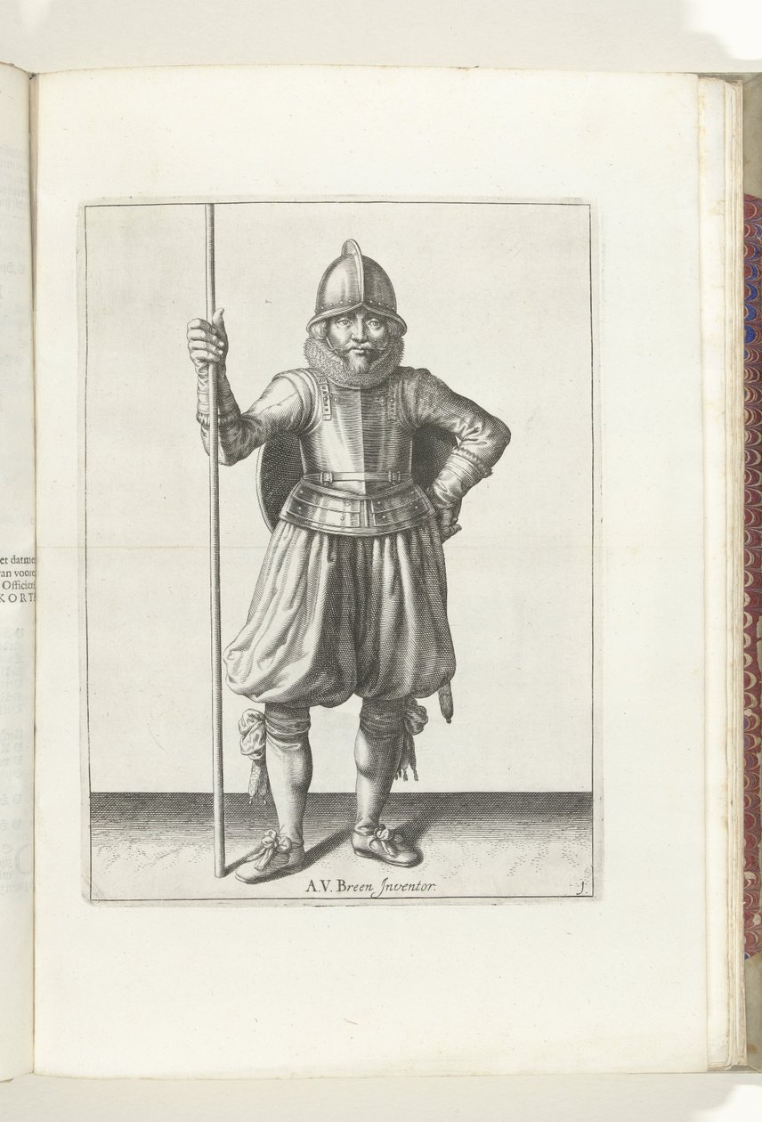 Kalkan ve Diken Egzersizi: Asker Dinleniyor, Elinde Diken ve Sırtta Kalkan (No. 1), 1618 Nassausche Wapen-Handelinge, van Schilt, Spies, Rappier ve Targe: beyde figuerlick betimlenmiş, yeni düzenden sonra çerçevelenmiş ( by Adam van Breen