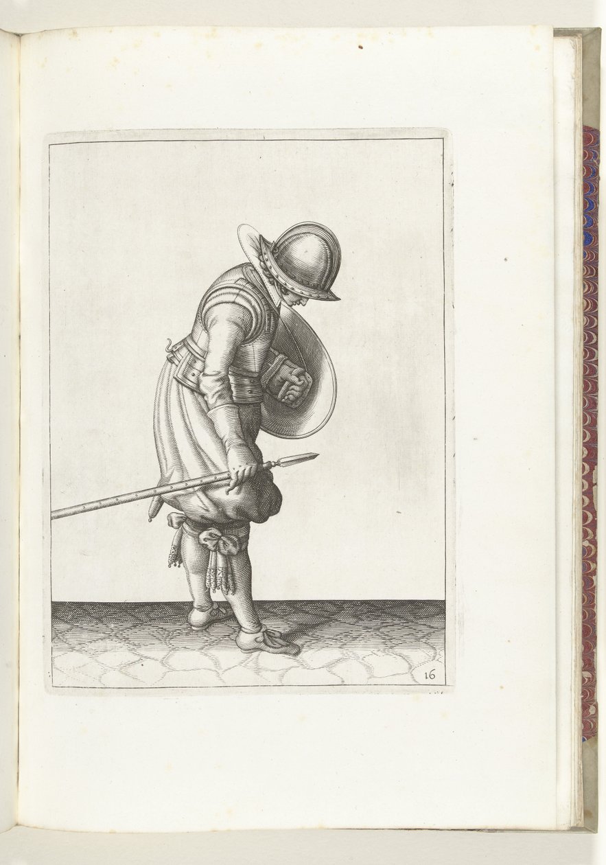 Kalkan ve şiş ile egzersiz: asker, sağ ayağının yanına şişi yere koyar (no. 16), 1618 De Nassausche Wapen-Handelinge, van Schilt, Spies, Rappier ende Targe : beyde figuerlick tasvir edilmiş, ende çerçeveli yeni sipariş [of] (...) M by Adam van Breen