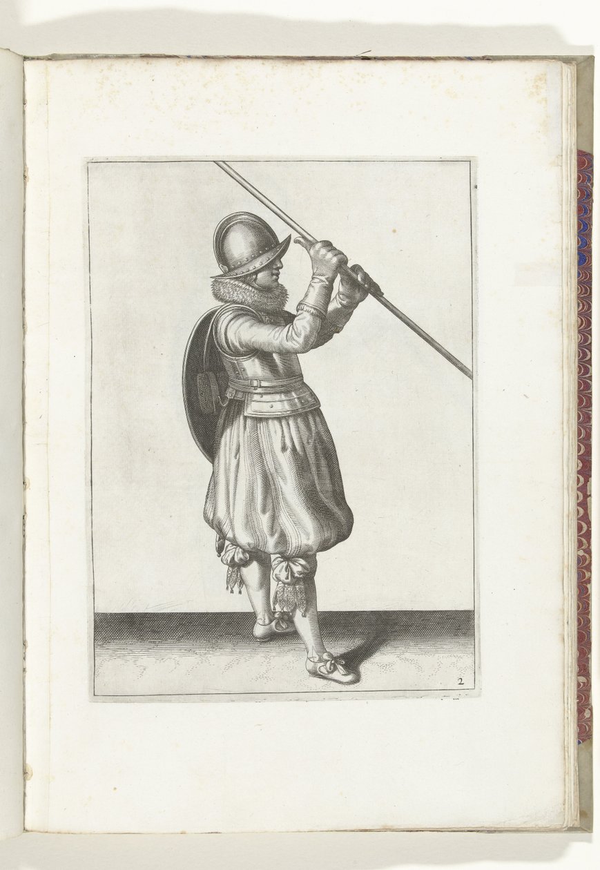 Kalkan ve Diken Alıştırması: Dikeni İki Elinde Açılı ve Kalkanı Sırtında Olan Asker (No. 2), 1618 Nassausche Wapen-Handelinge, van Schilt, Spies, Rappier ve Targe : beyde figuerlick betimlenmiş ve yeni düzenden sonra çerçevelenmiş [va by Adam van Breen
