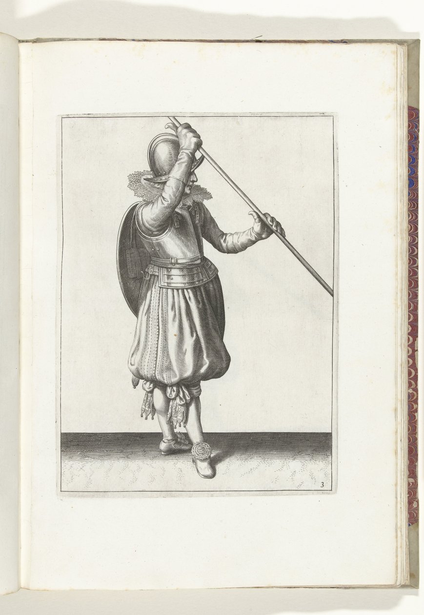 Kalkan ve Diken Egzersizi: Sağ El Başında ve Kalkan Arkada, Her İki Elinde Açılı Dikenli Asker (No. 3), 1618 Nassausche Wapen-Handelinge, van Schilt, Spies, Rappier ve Targe : beyde figuerlick tasviri, son by Adam van Breen