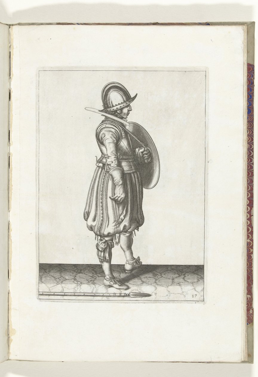 Kalkan ve Diken Alıştırması: Kalkanı Hazır ve Dikeni Yerde Sağ Ayağının Yanında Olan Asker (No. 17), 1618 Nassausche Wapen-Handelinge, van Schilt, Spies, Rappier ve Targe : beyde figuerlick betimlenmiş, yeniden sonra çerçevelenmiş by Adam van Breen