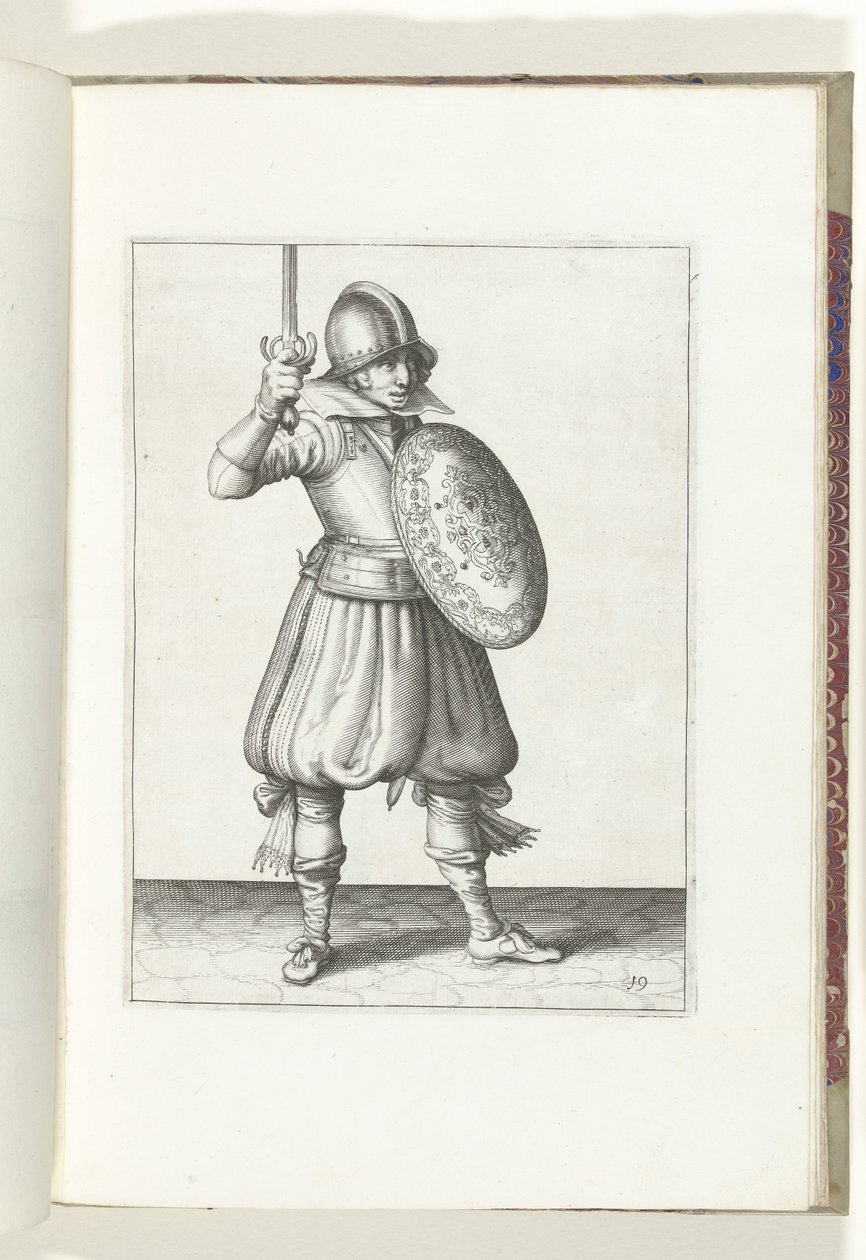 Kalkan ve Diken Egzersizi: Asker Mecini Yüzünden Daha Yüksek Olmayan Eliyle Sunar (No. 19), 1618 Nassausche Wapen-Handelinge, van Schilt, Spies, Rappier ve Targe : beyde figuerlick betimlendi ve yeni düzenden sonra çerçevelendi by Adam van Breen