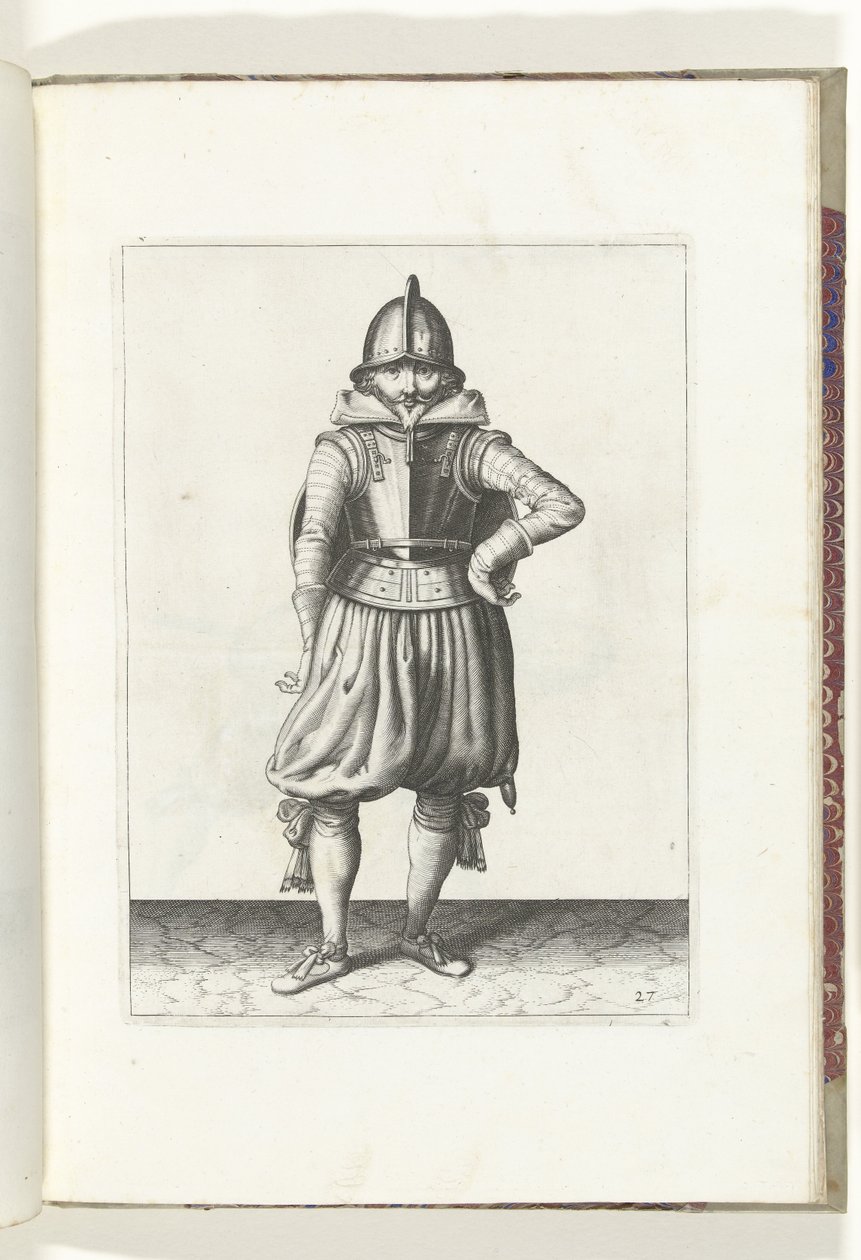 Kalkan ve Diken Egzersizi: Kalkan Sırtında Duran Asker (No. 27), 1618 Nassausche Wapen-Handelinge, van Schilt, Spies, Rappier ve Targe : beyde figuerlick tasvir edilmiş ve yeni düzenden sonra çerçevelenmiş (...) Maurits v by Adam van Breen