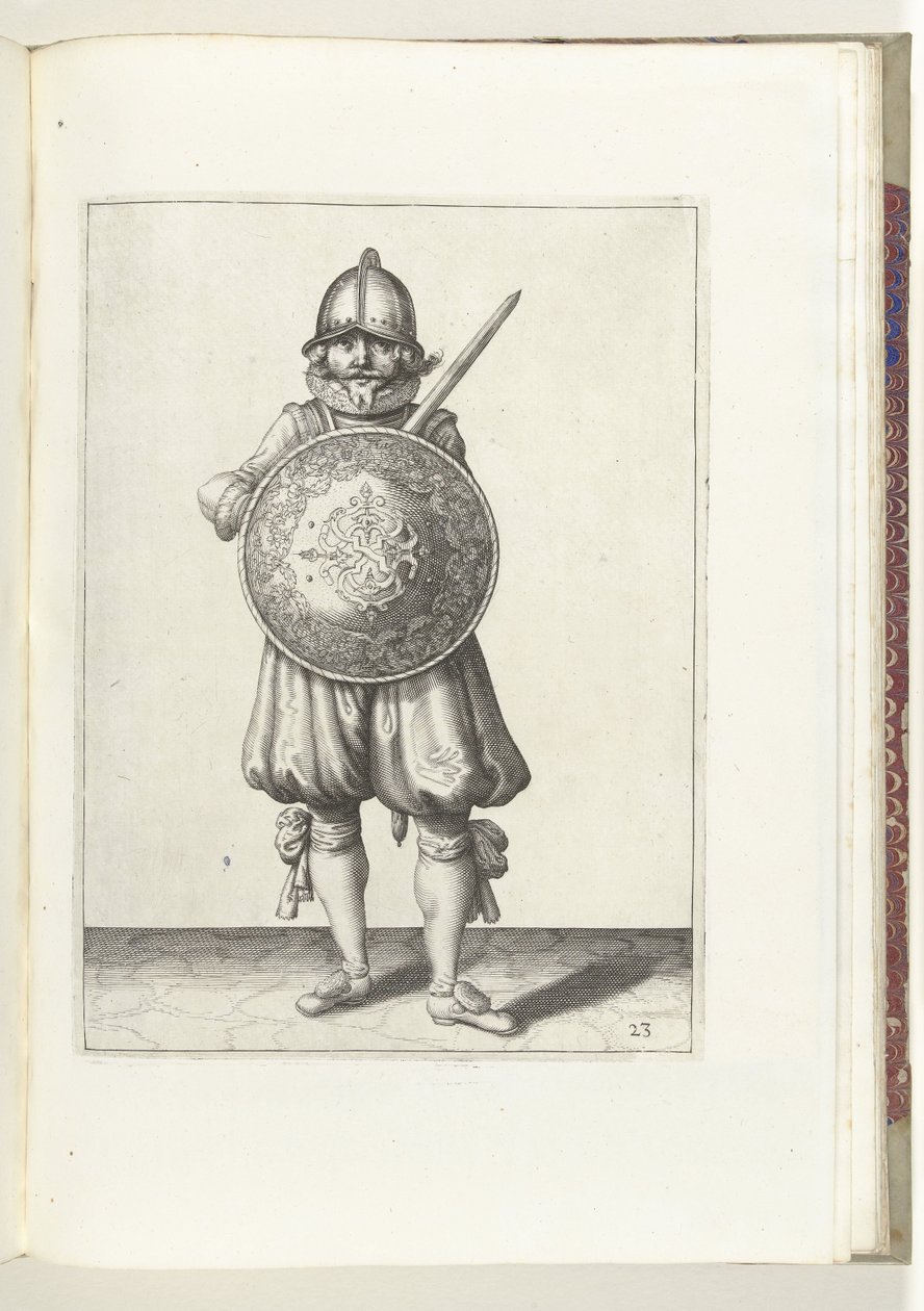 Kalkan ve Diken Egzersizi: Dinlenme Halinde Duran Meçisini Kalkanın Arkasında Sol Omuzuna Dayalı Asker (No. 23), 1618 Nassausche Wapen-Handelinge, van Schilt, Spies, Rappier ve Targe: beyde figuerlick betimlenmiş, n