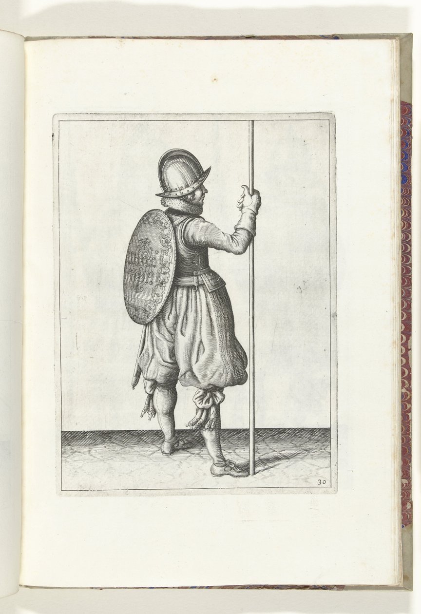 Kalkan ve Diken Alıştırması: Dikeni Yerde Sağ Ayağının Yanında Duran Asker (No. 30), 1618 Nassausche Wapen-Handelinge, van Schilt, Spies, Rappier ve Targe : beyde figuerlick betimlendi ve yeni düzenden sonra çerçevelendi by Adam van Breen