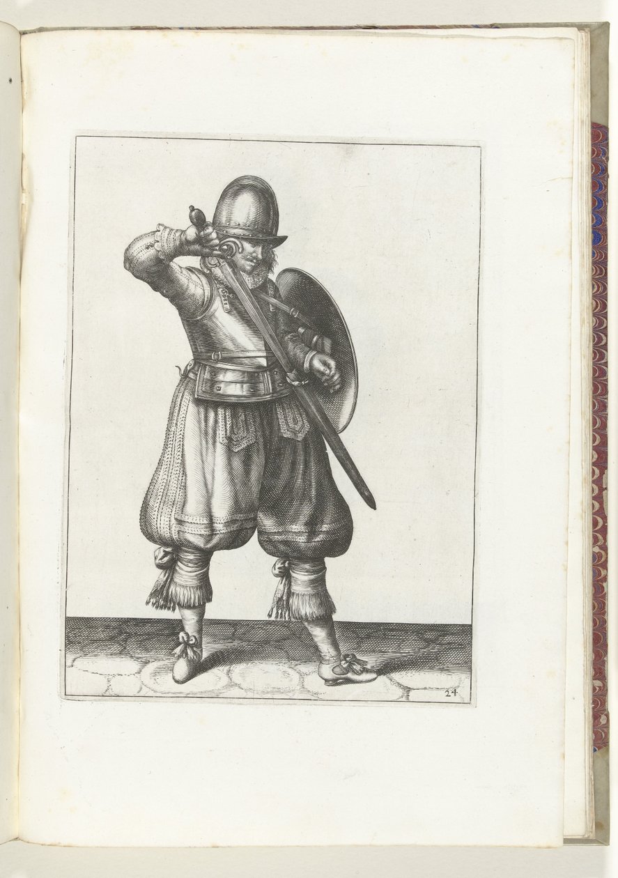Kalkan ve Diken Alıştırması: Asker Mecini Kınalıyor (No. 24), 1618 Nassausche Wapen-Handelinge, van Schilt, Spies, Rappier ve Targe : beyde figuerlick betimlenmiş ve yeni düzenden sonra çerçevelenmiş (...) Maurits van by Adam van Breen