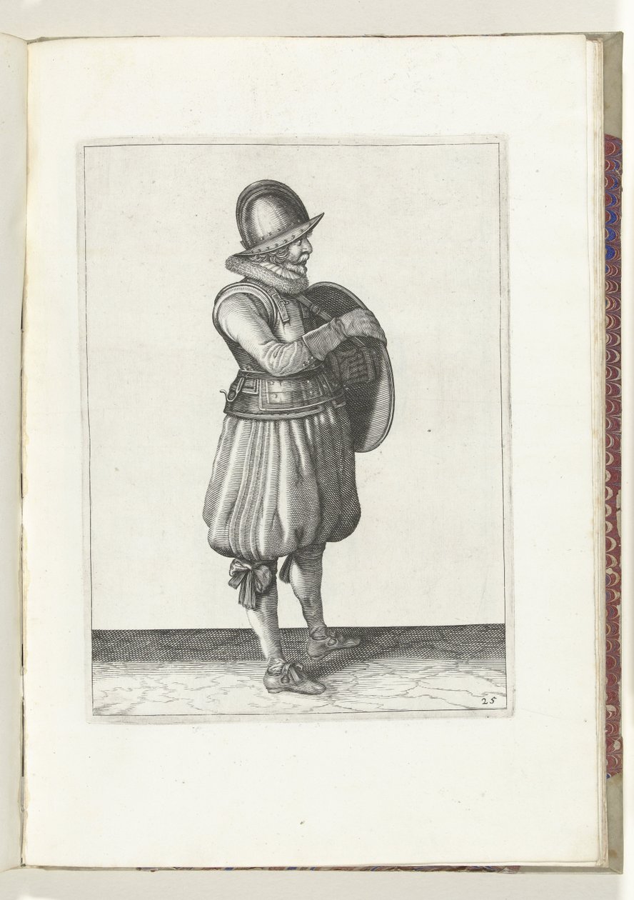 Kalkan ve mızraklı egzersiz: asker kolunu kalkanın kemerinden çeker (no. 25), 1618 De Nassausche Wapen-Handelinge, van Schilt, Spies, Rappier ende Targe : beyde figuerlick tasvir edilmiş, yeniden sonra çerçevelenmiş sıra [of] (...) Maurits by Adam van Breen