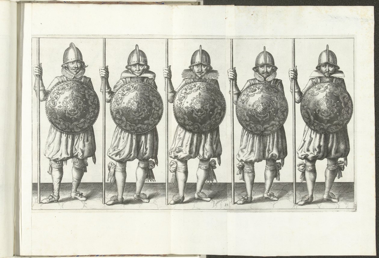 Kalkan ve Diken Alıştırması: Yere Dayalı Sağ Eldeki Kule ve Sandık Önünde Kalkan (No. 31), 1618 ile Aynı Çizgide Yanyana Duran Beş Asker The Nassausche Wapen-Handinge, van Schilt, Spies, Rappier andde Targe : beyde f by Adam van Breen