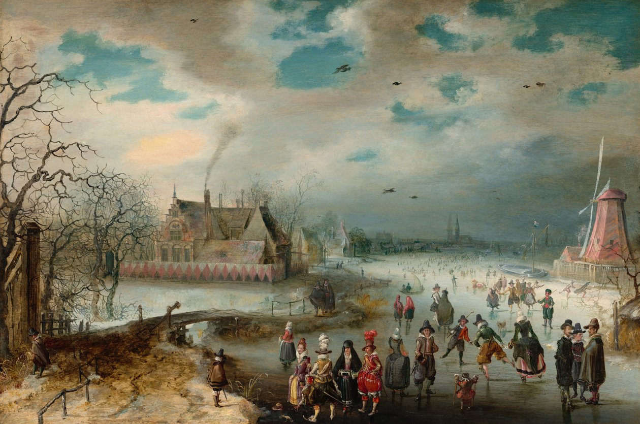 Donmuş Amstel Nehri üzerinde paten kaymak, 1611. by Adam van Breen