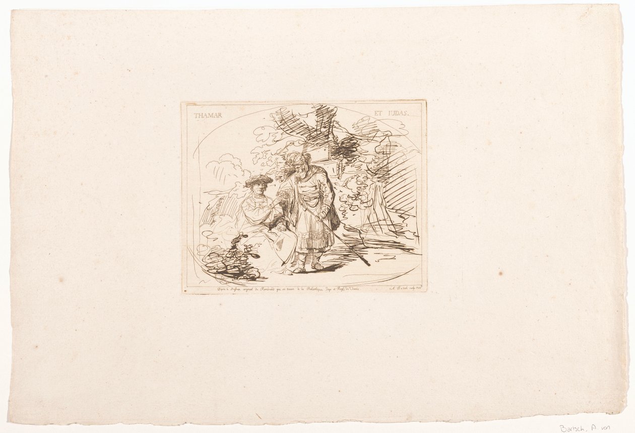 Yahuda, Tamar'a mühür yüzüğünü verir Thamar et Judas (nesne üzerindeki başlık) Viyana'da Hofbibliothek'te tutulan Rembrandt'ın çizimlerinden sonra altı baskı (dizi başlığı) Altı estampes gravées d'après les desseins Originaux de Rembran by Adam von Bartsch