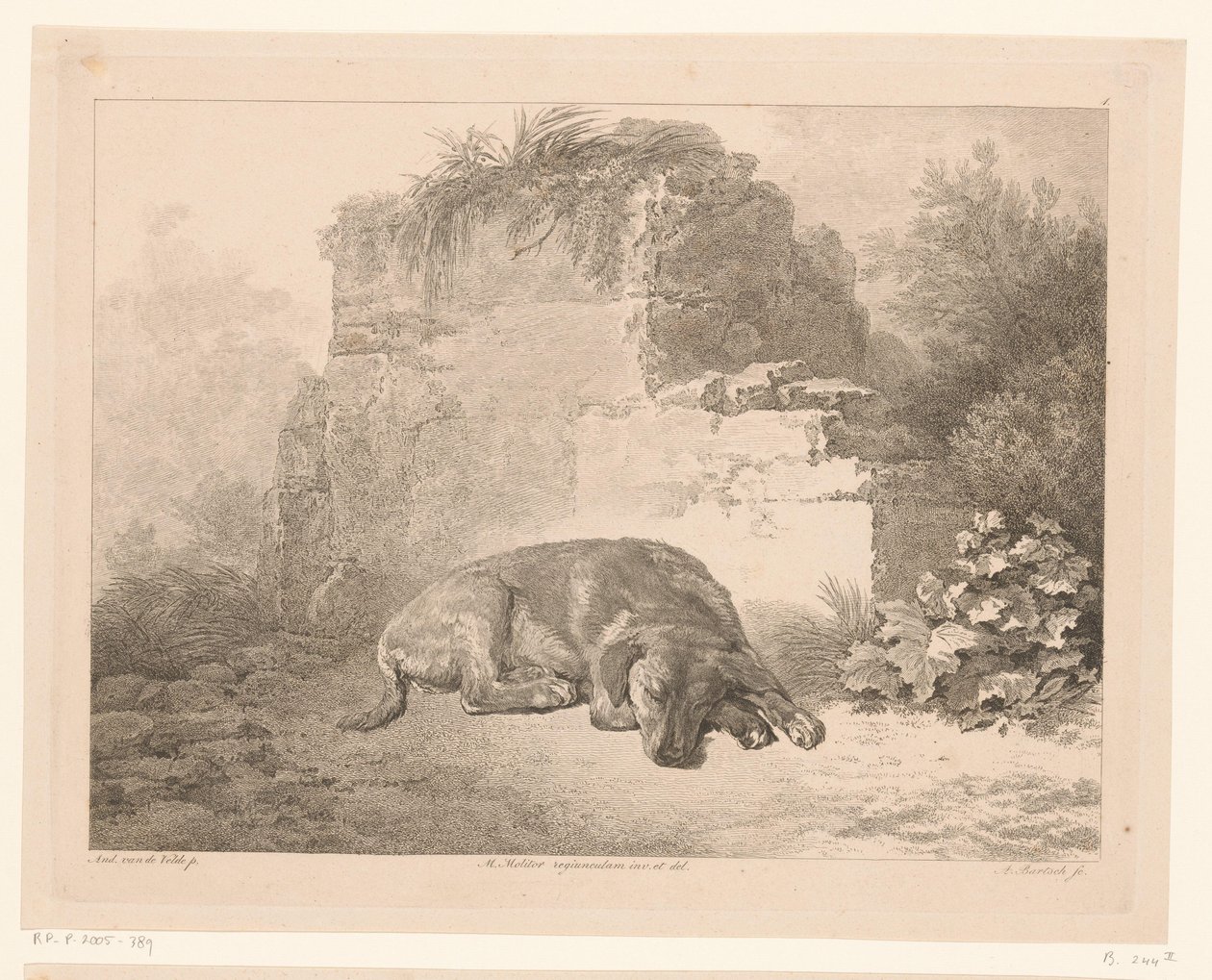 Duvarın önünde uyuyan köpek Hollandalı ustaların tablolarından sonra hayvanlar (serinin adı) Différens animaux gravés d'après tableaux de différens maîtres hollandois (serinin adı) by Adam von Bartsch
