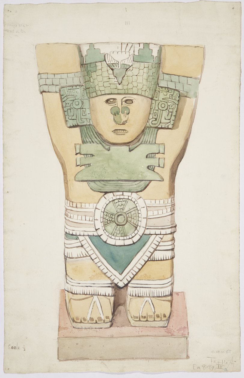 Caryatid III, dış oda, Jaguarların Üst Tapınağı (Tapınak A), Chichen Itza, Meksika (suluboya) by Adela Breton