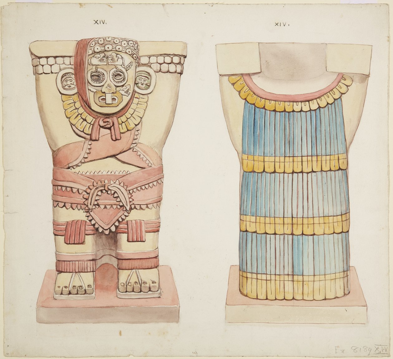 Dış odadan Caryatid XIV, Jaguarların Üst Tapınağı (Tapınak A), Büyük Balo Mahkemesi, Chichen Itza, Meksika (suluboya) by Adela Breton