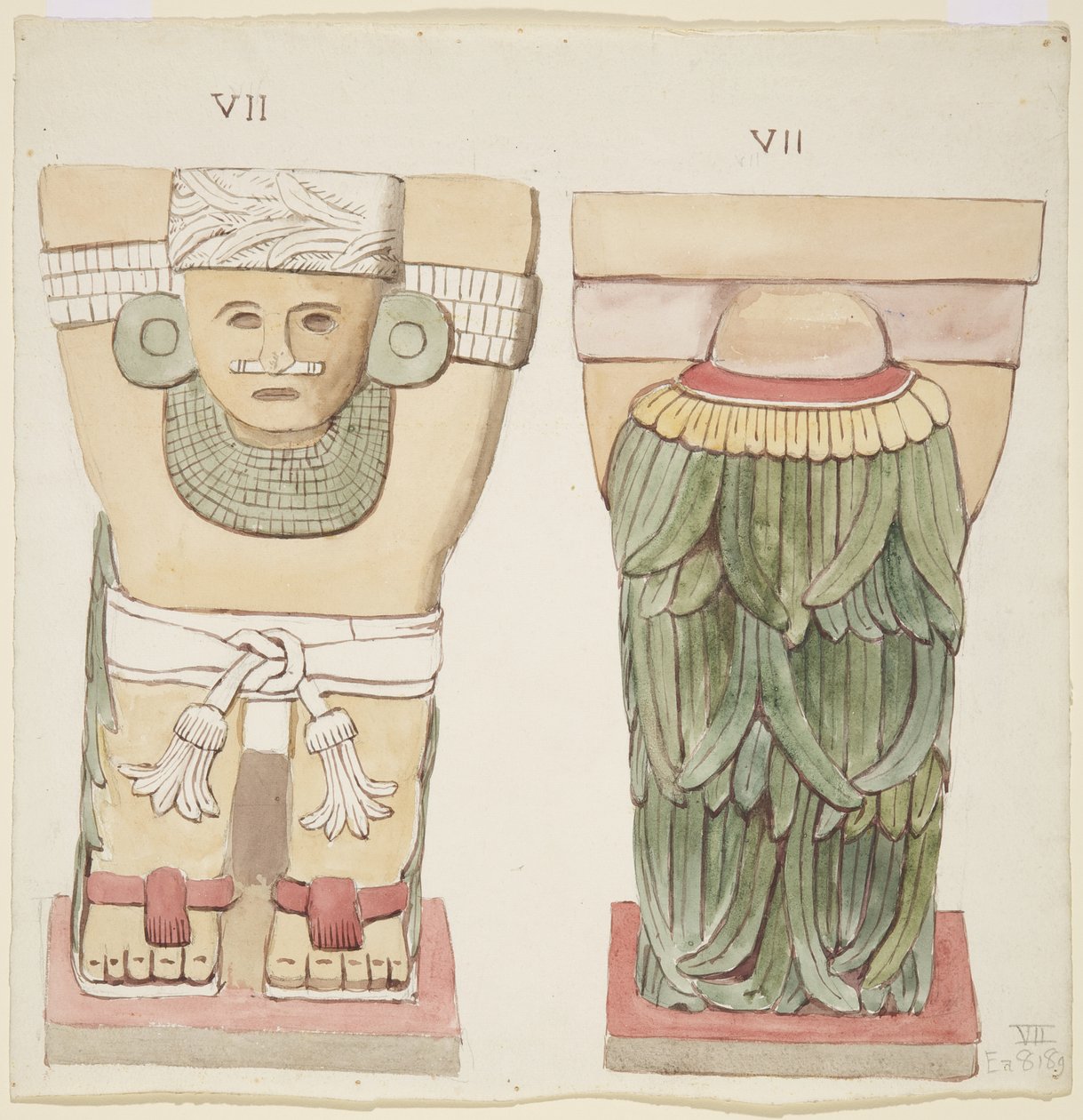 Dış odadan Caryatid, Temple A, top sahası, Chichen Itza, Meksika (suluboya) by Adela Breton
