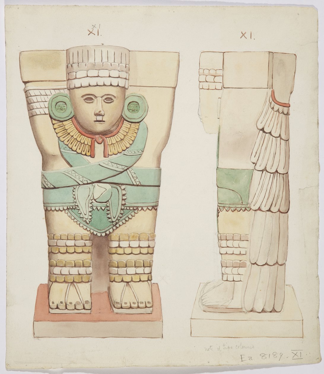 Dış odadan Caryatid, Temple A, top sahası Chichen Itza, Meksika (suluboya) by Adela Breton